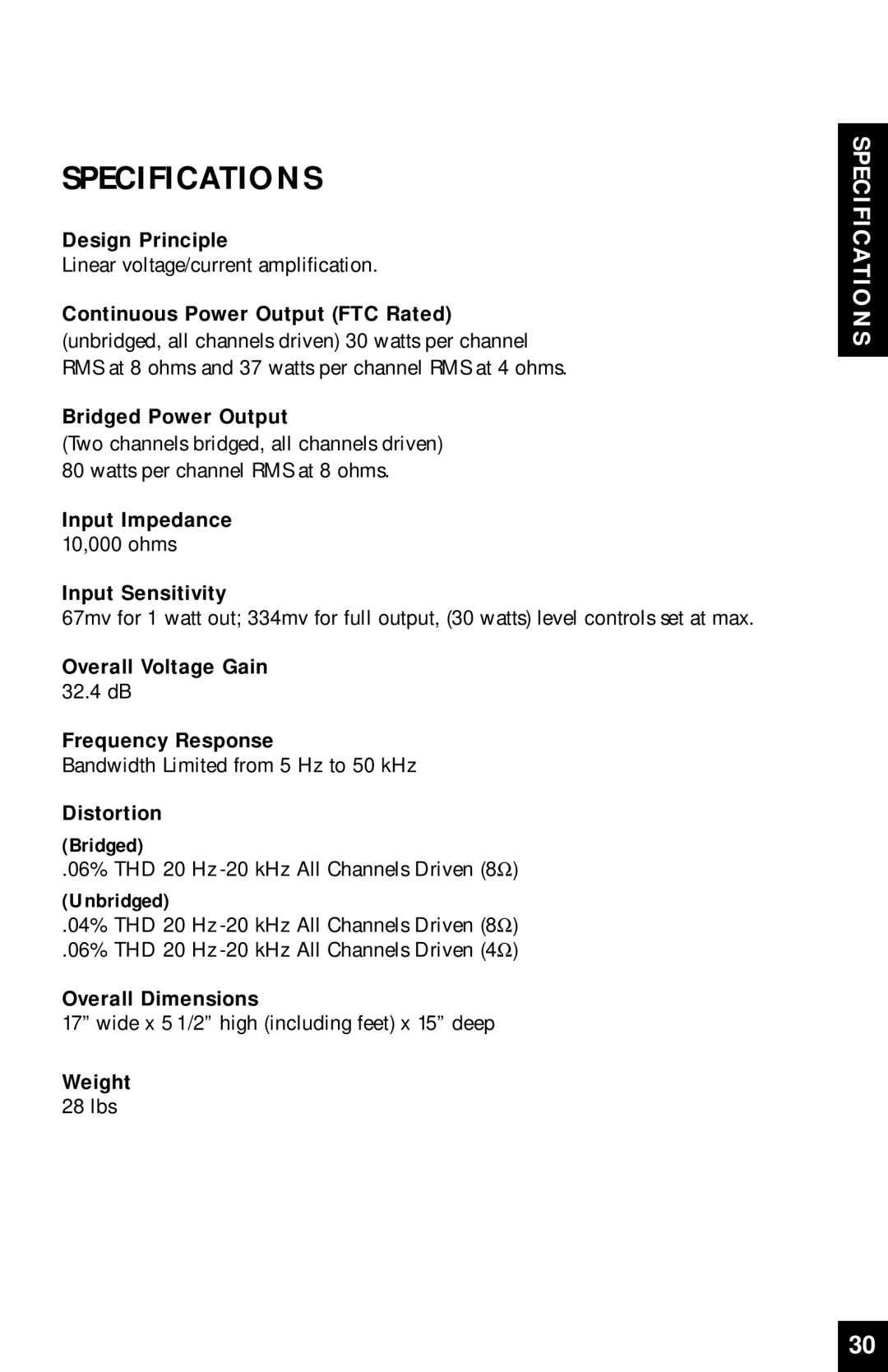 Niles Audio SI-1230 manual Specifications 