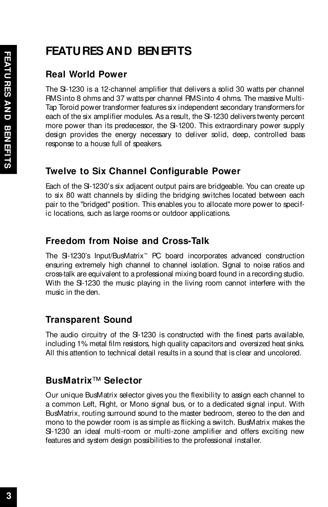 Niles Audio SI-1230 Features And Benefits, Real World Power, Twelve to Six Channel Configurable Power, Transparent Sound 