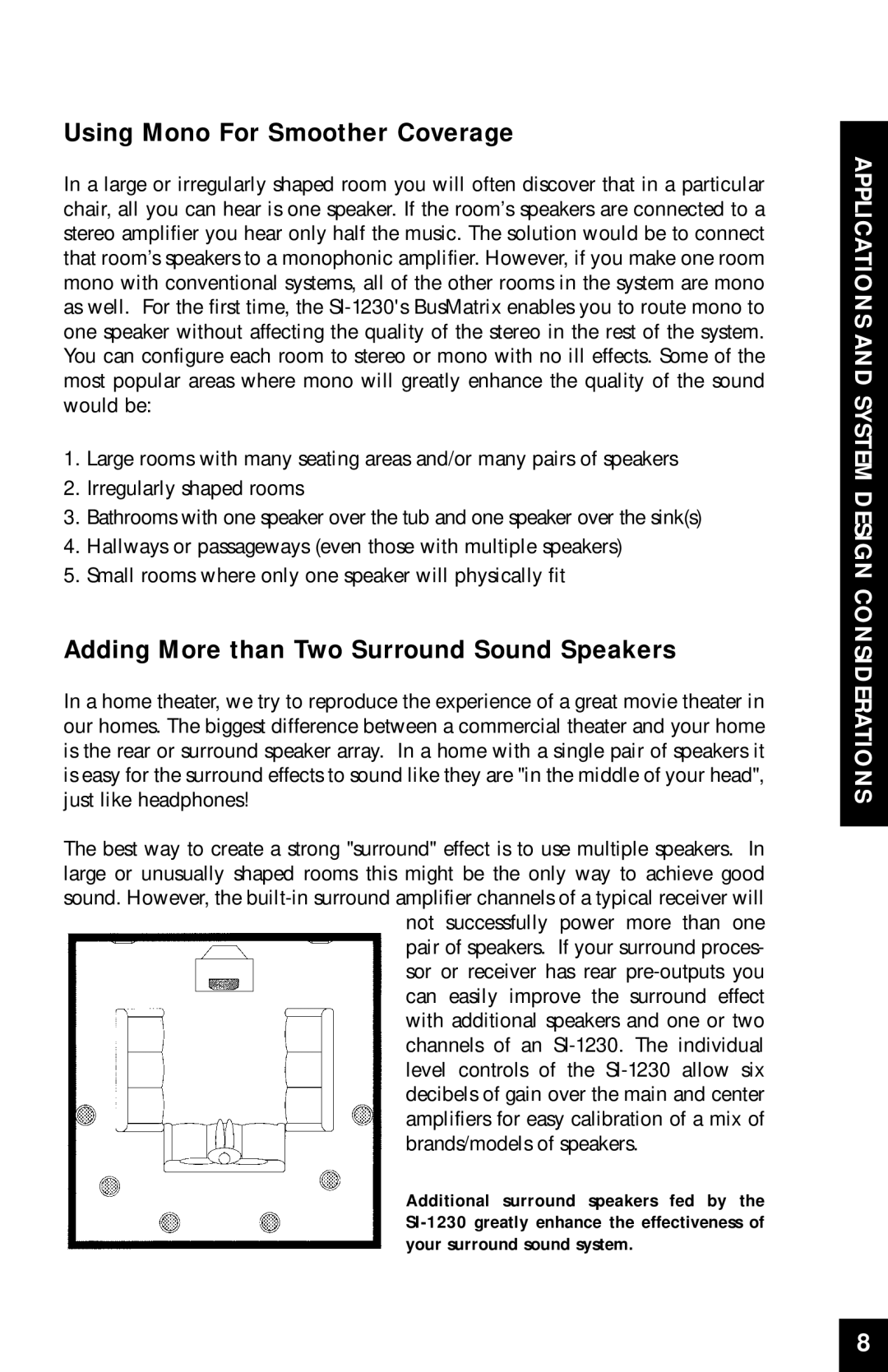 Niles Audio SI-1230 manual Using Mono For Smoother Coverage, Adding More than Two Surround Sound Speakers 
