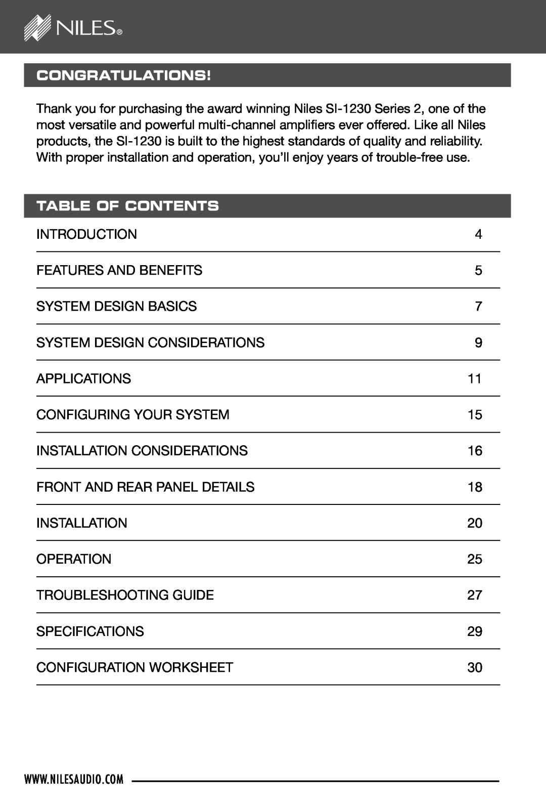 Niles Audio SI-1230 manual Congratulations, Table Of Contents 