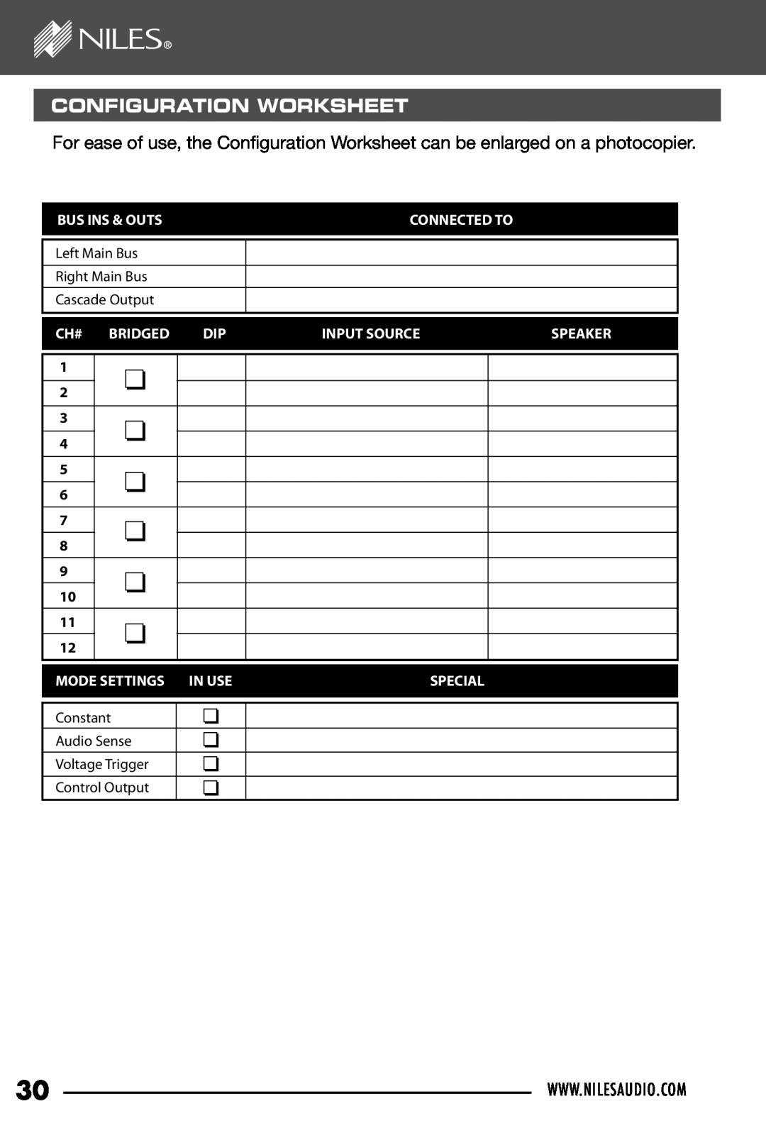 Niles Audio SI-1230 configuration worksheet, For ease of use, the Configuration, Bus Ins & Outs, Connected To, Ch# Bridged 