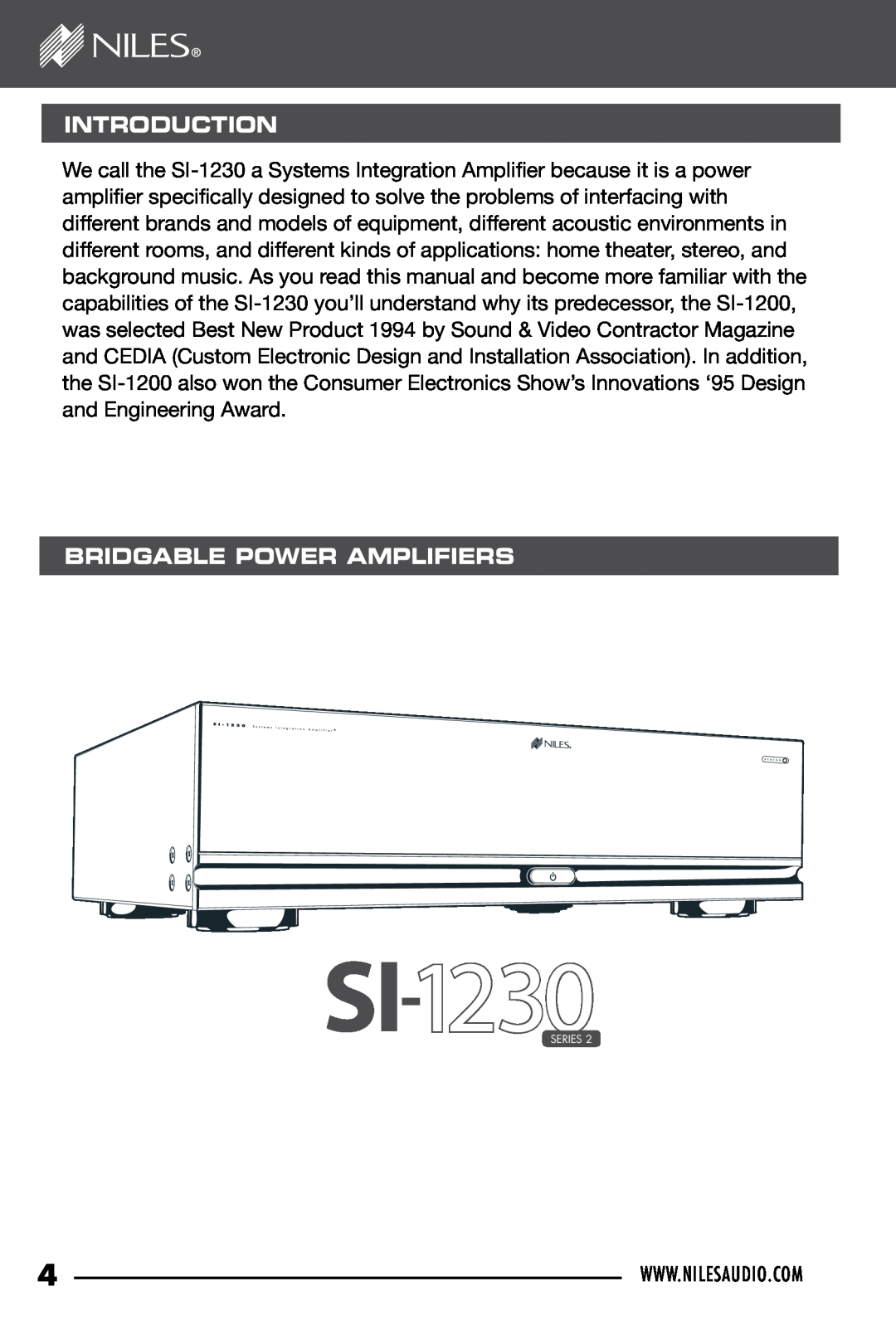 Niles Audio SI-1230 manual Introduction, Bridgable Power Amplifiers 