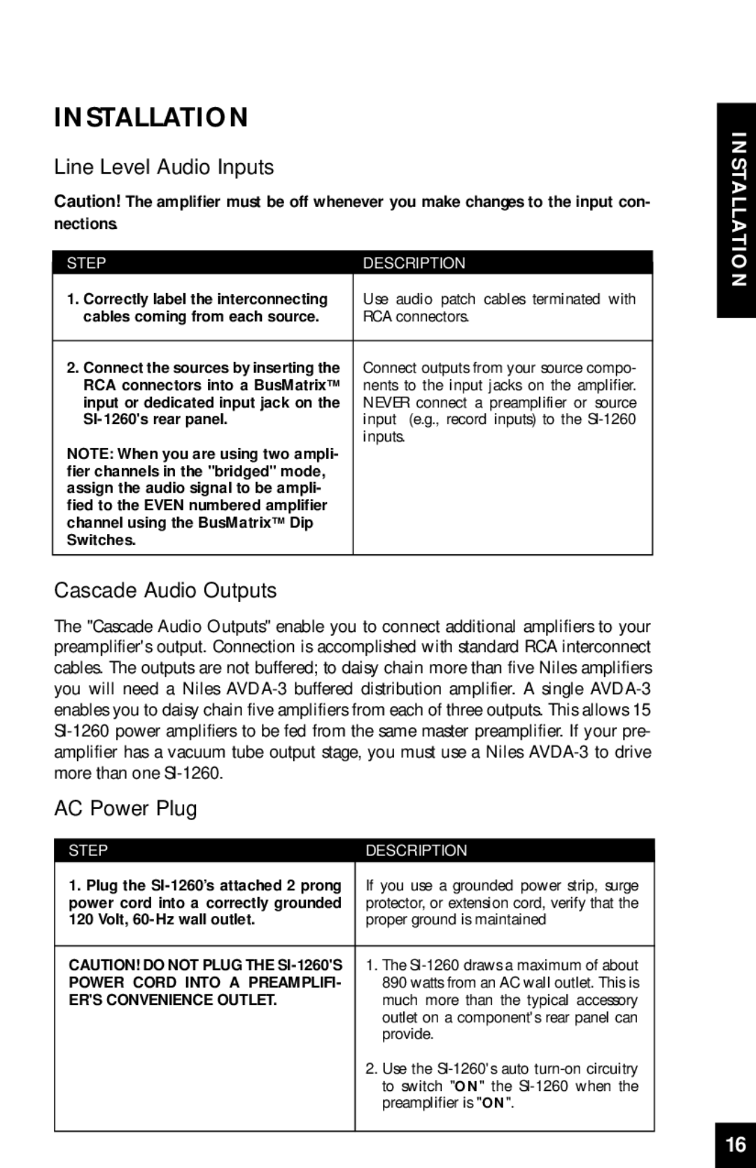 Niles Audio SI-1260 manual Installation, Line Level Audio Inputs, Cascade Audio Outputs, AC Power Plug 