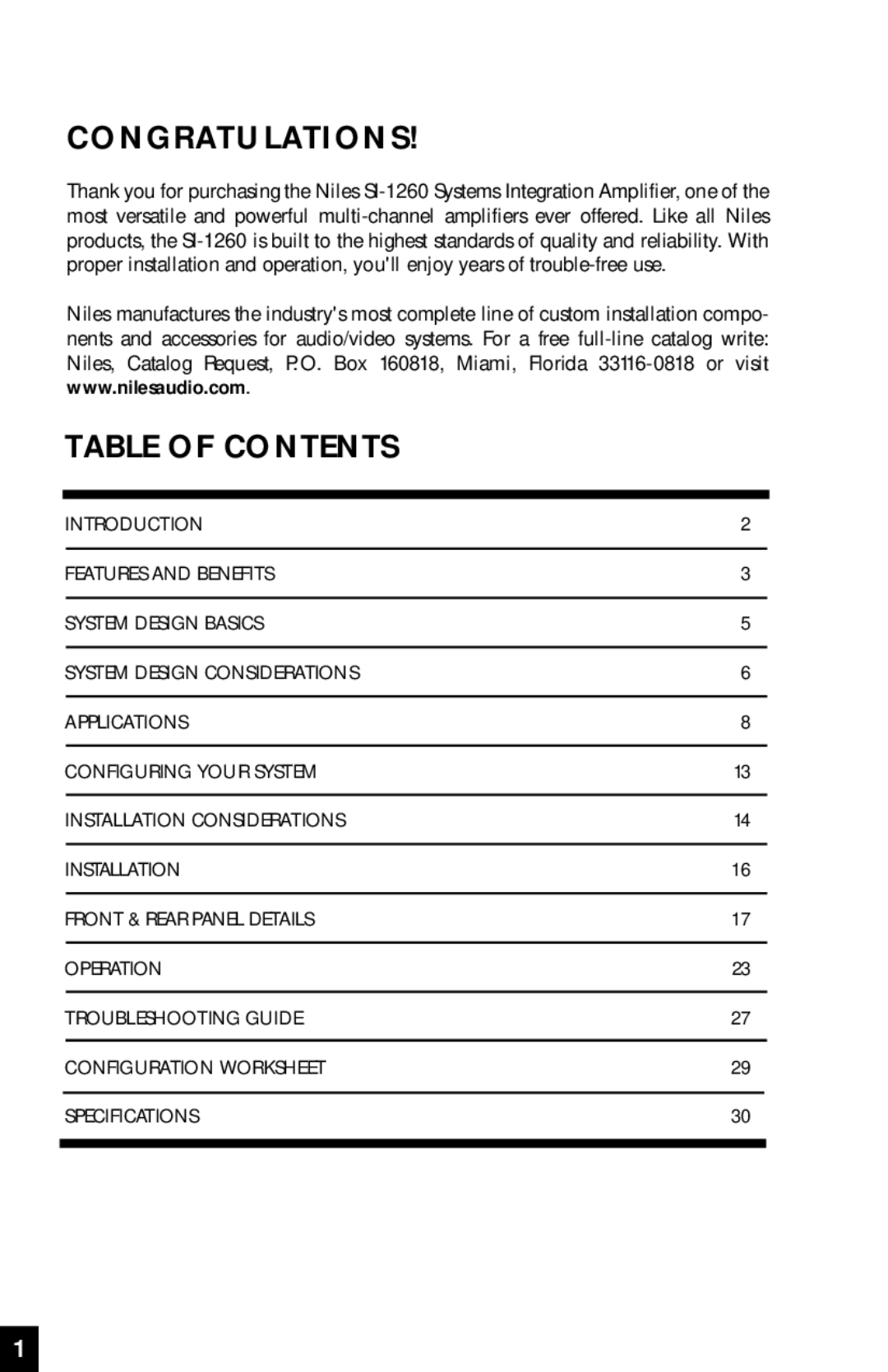 Niles Audio SI-1260 manual Congratulations, Table of Contents 