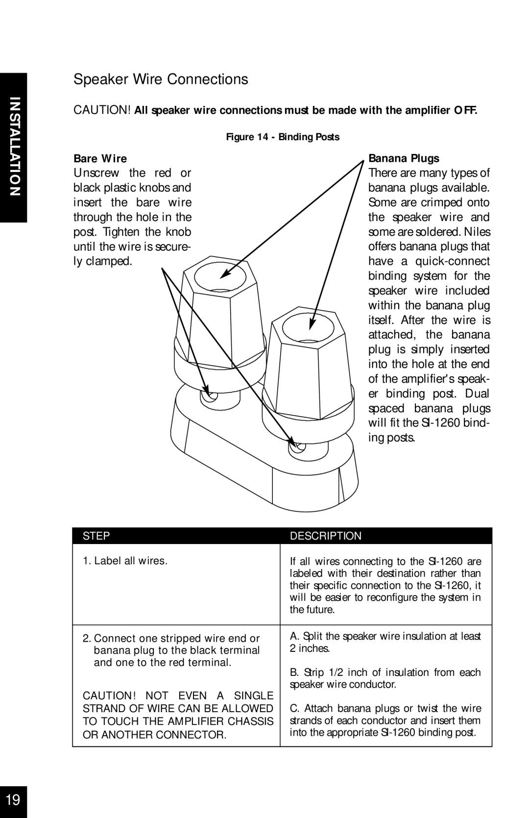 Niles Audio SI-1260 Speaker Wire Connections, Label all wires, Banana plug to the black terminal, One to the red terminal 