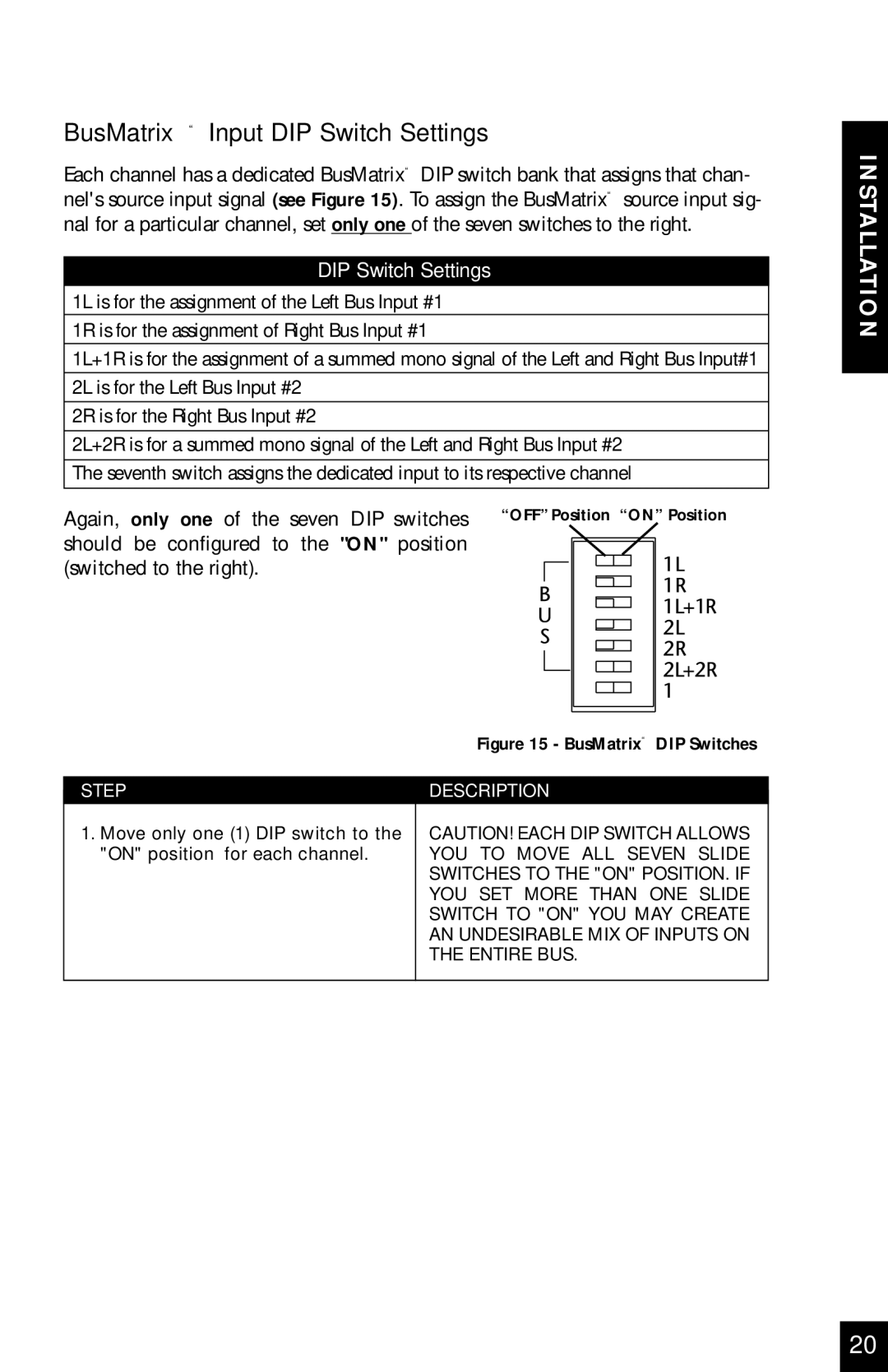 Niles Audio SI-1260 manual BusMatrix Input DIP Switch Settings, BusMatrix DIP Switches 