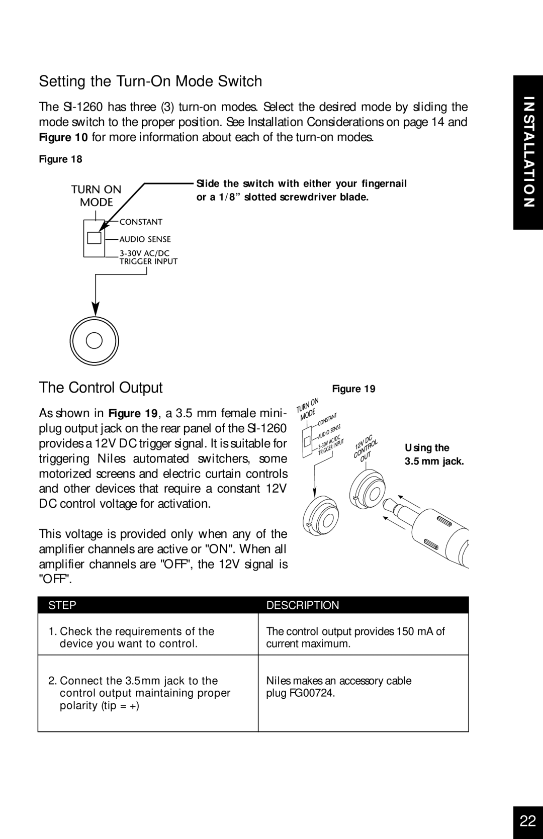 Niles Audio SI-1260 manual Setting the Turn-On Mode Switch, Control Output 