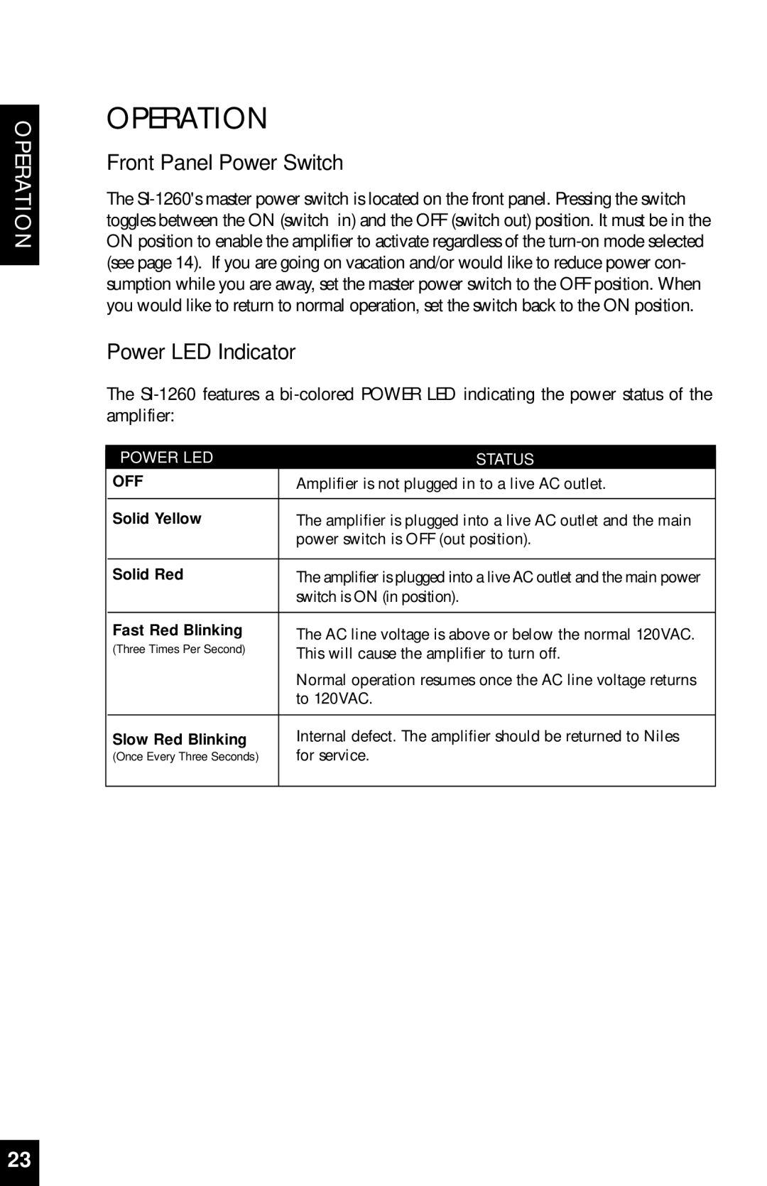 Niles Audio SI-1260 manual Operation, Front Panel Power Switch, Power LED Indicator 