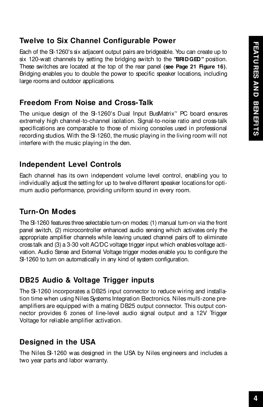 Niles Audio SI-1260 manual Twelve to Six Channel Configurable Power, Freedom From Noise and Cross-Talk, Turn-On Modes 