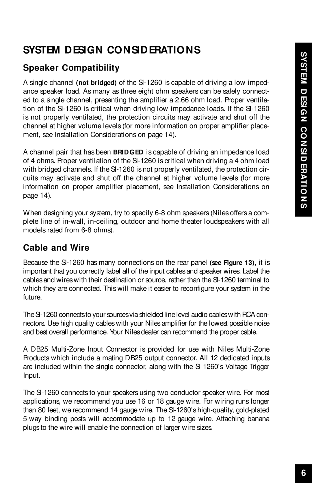 Niles Audio SI-1260 manual Speaker Compatibility, Cable and Wire, System Design Considerations 