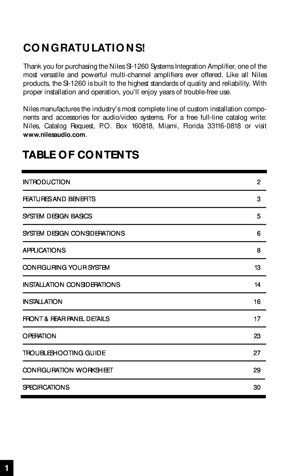 Niles Audio SI-1260 manual Congratulations, Table Of Contents 
