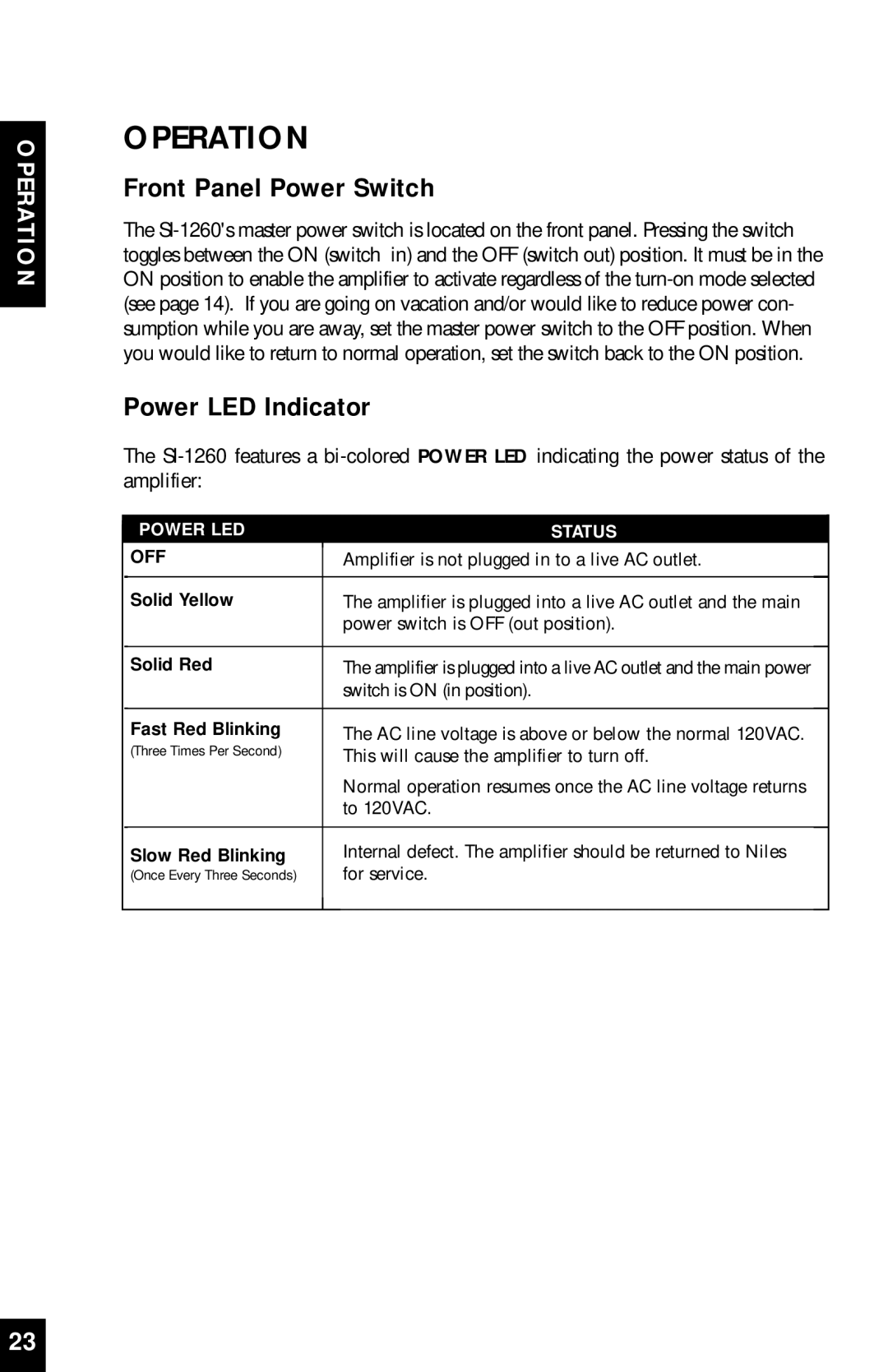 Niles Audio SI-1260 manual Operation, Front Panel Power Switch, Power LED Indicator, Power Led, Status 