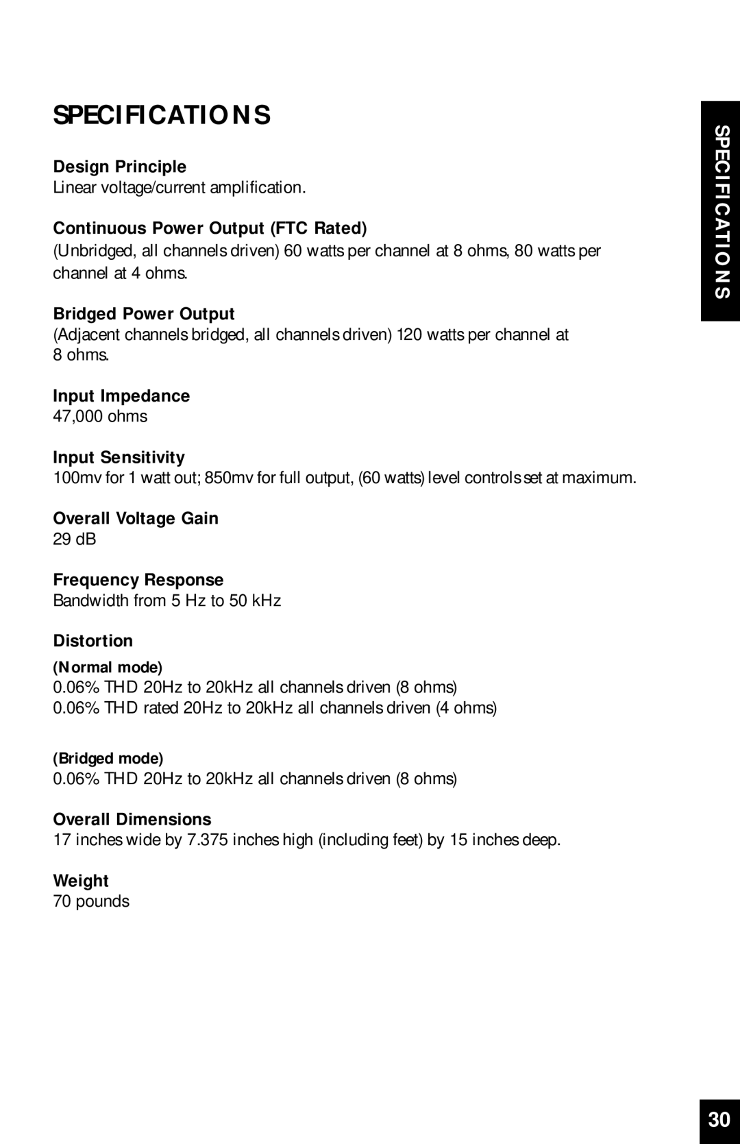 Niles Audio SI-1260 manual Specifications 