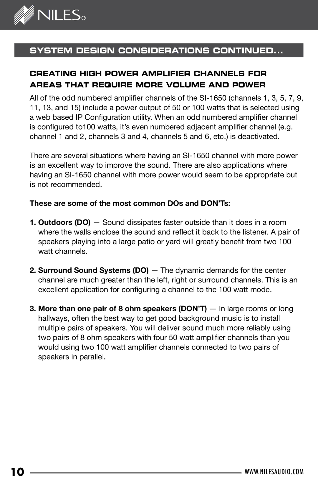 Niles Audio SI-1650 manual These are some of the most common DOs and DON’Ts 