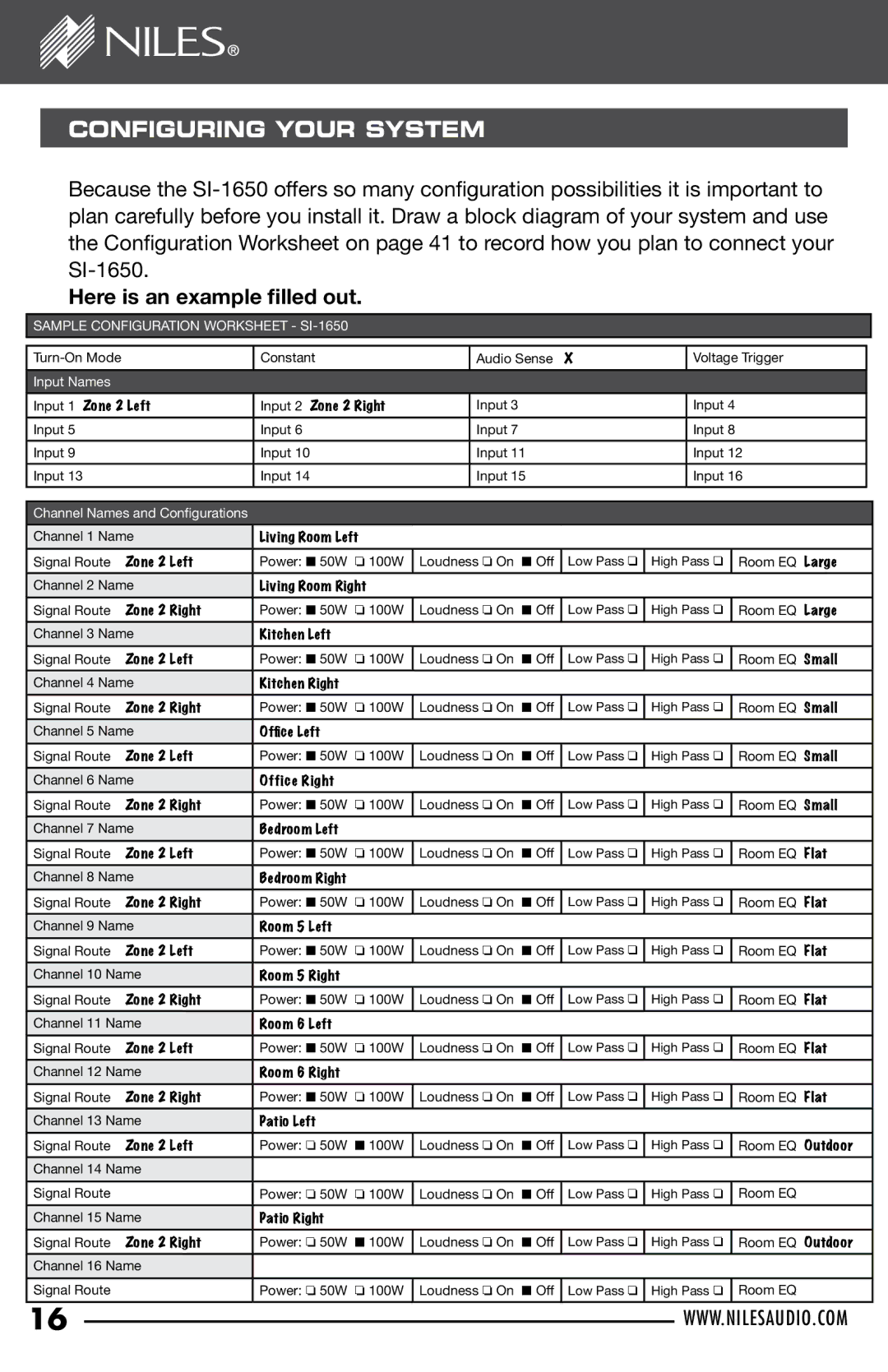 Niles Audio SI-1650 manual Configuring Your System, Here is an example filled out 