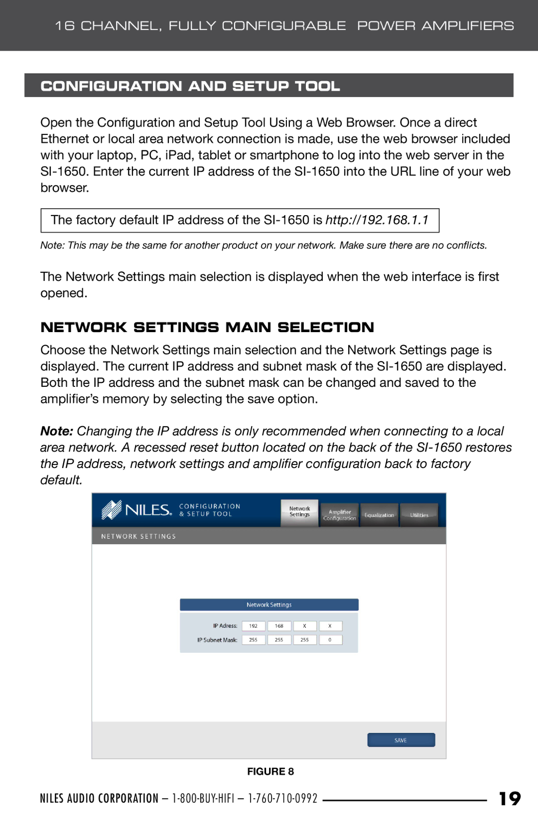 Niles Audio SI-1650 manual Configuration and Setup Tool, Network Settings Main Selection 