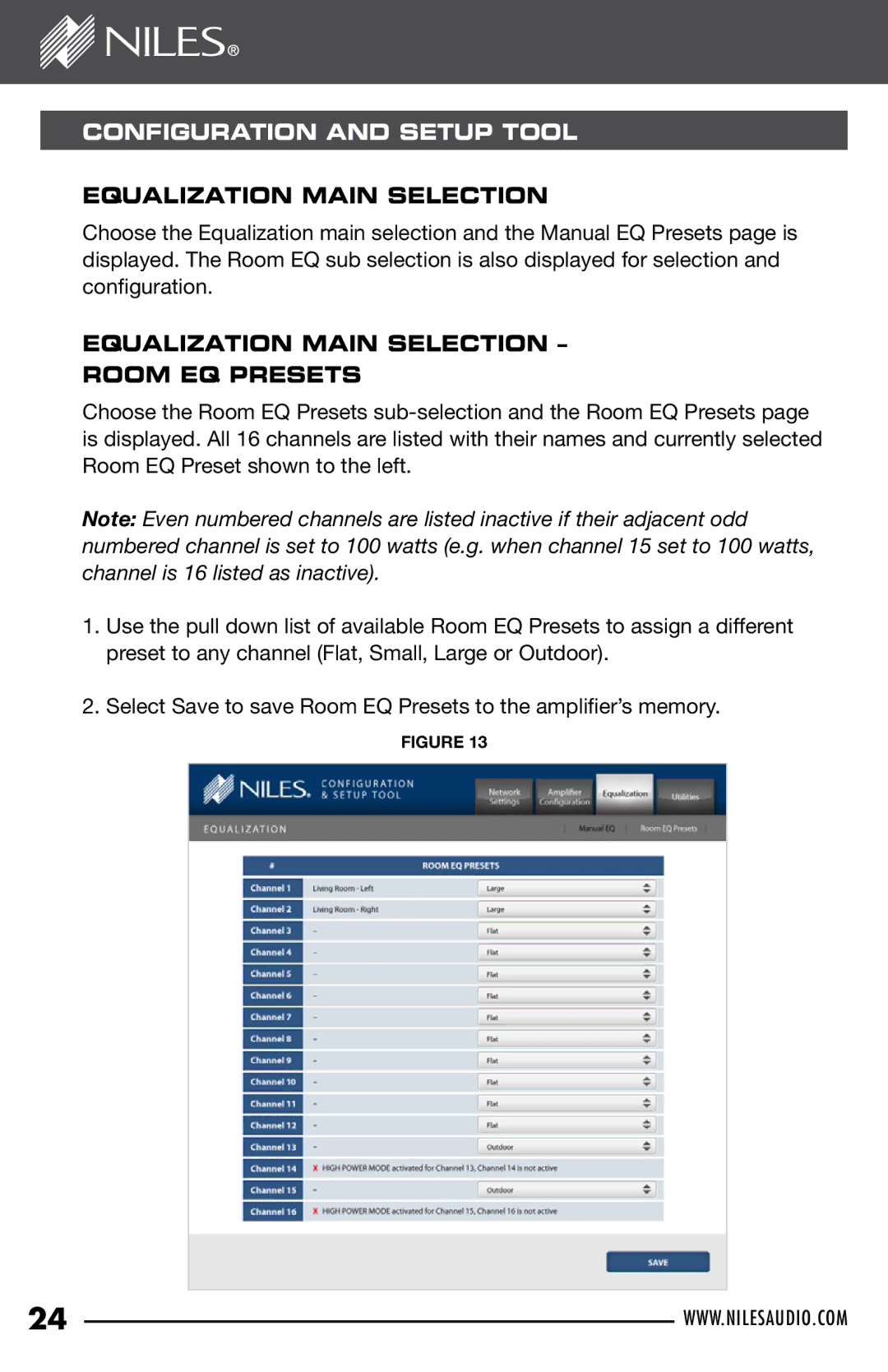 Niles Audio SI-1650 manual Equalization Main Selection Room EQ Presets 