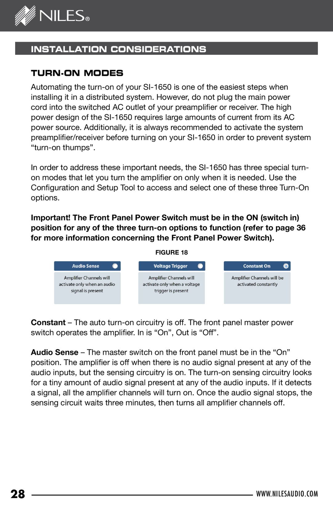 Niles Audio SI-1650 manual Installation Considerations, TURN-ON Modes 