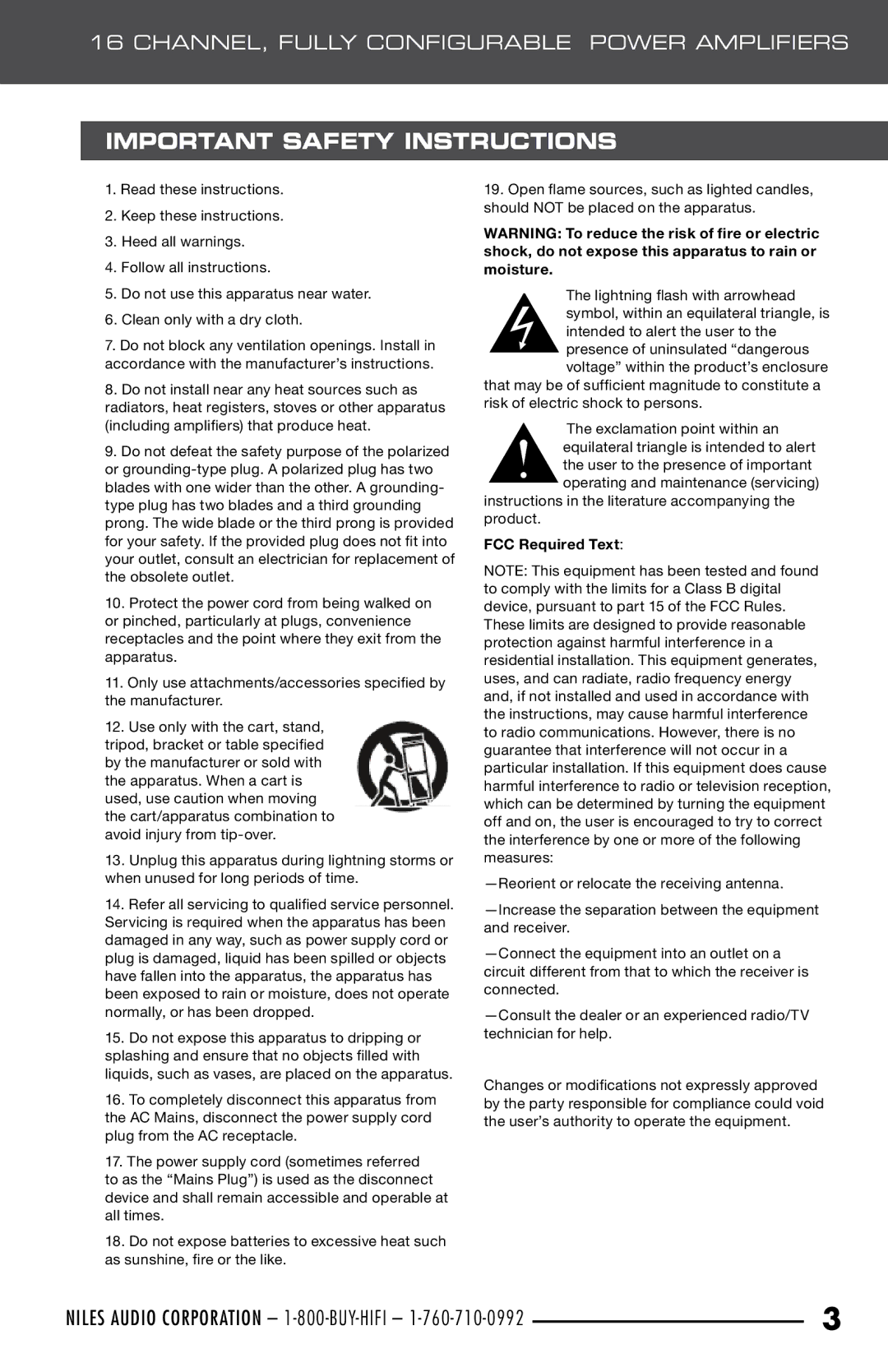 Niles Audio SI-1650 manual Important Safety Instructions, FCC Required Text 