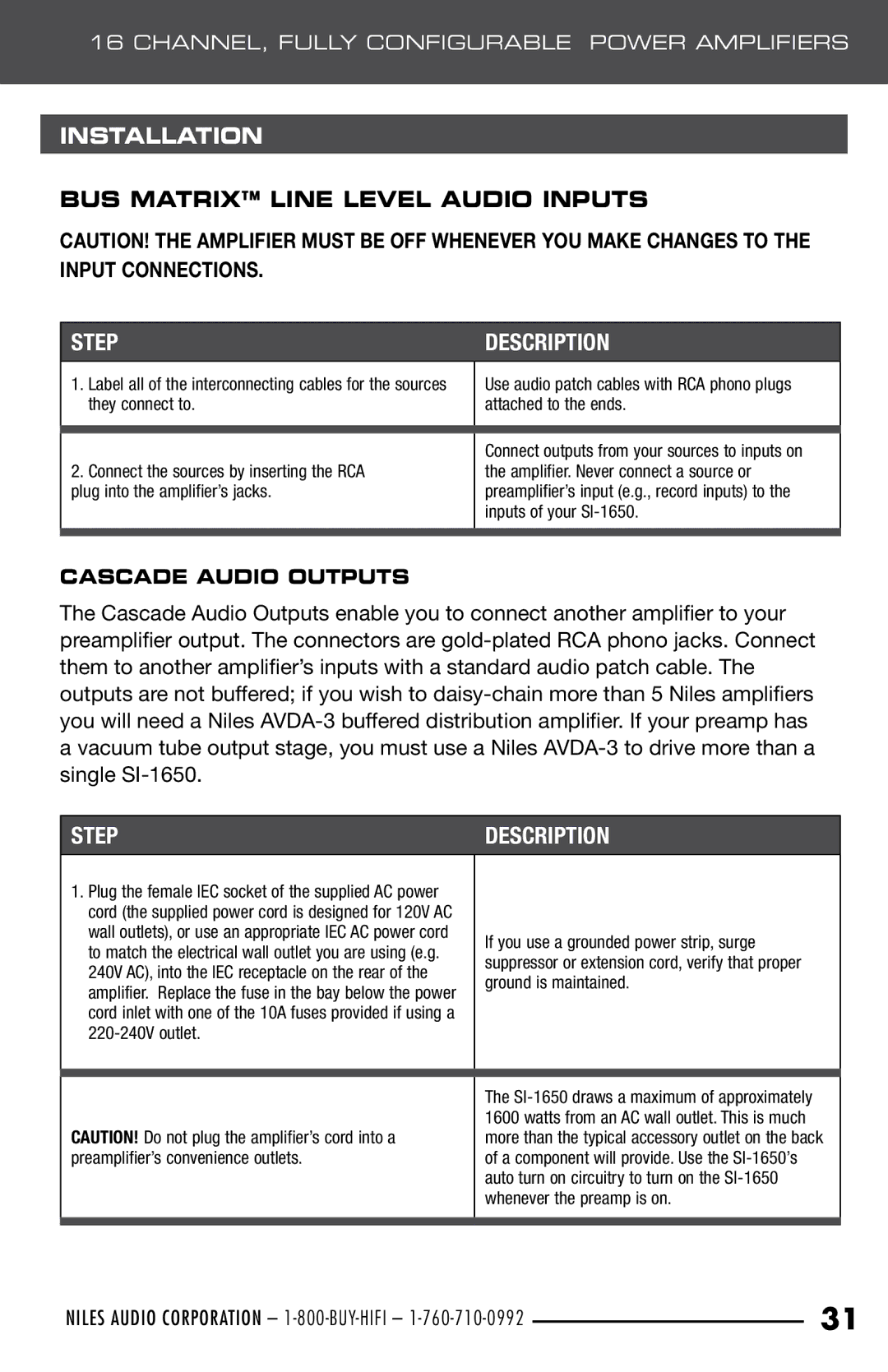 Niles Audio SI-1650 manual Installation, BUS Matrix Line Level Audio Inputs 