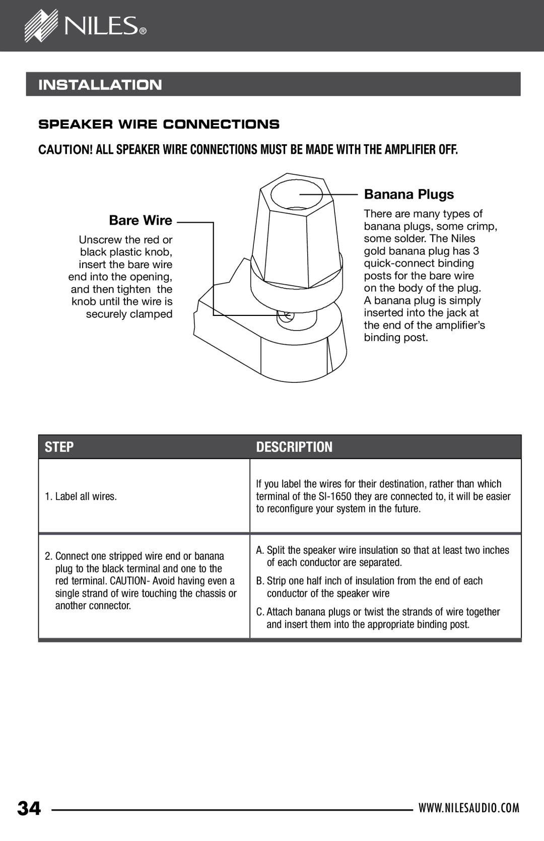 Niles Audio SI-1650 manual Bare Wire 
