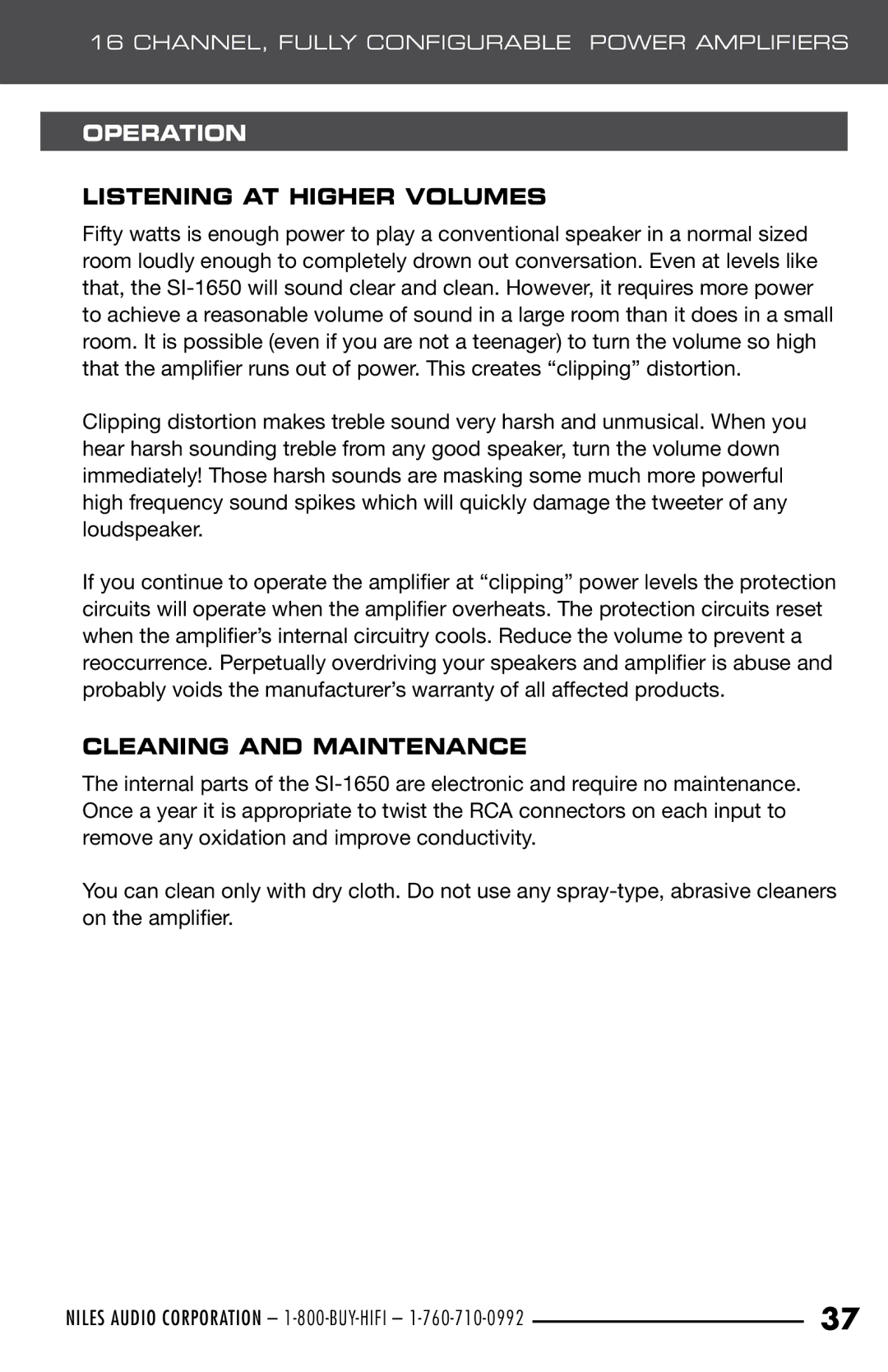 Niles Audio SI-1650 manual Listening AT Higher Volumes, Cleaning and Maintenance 