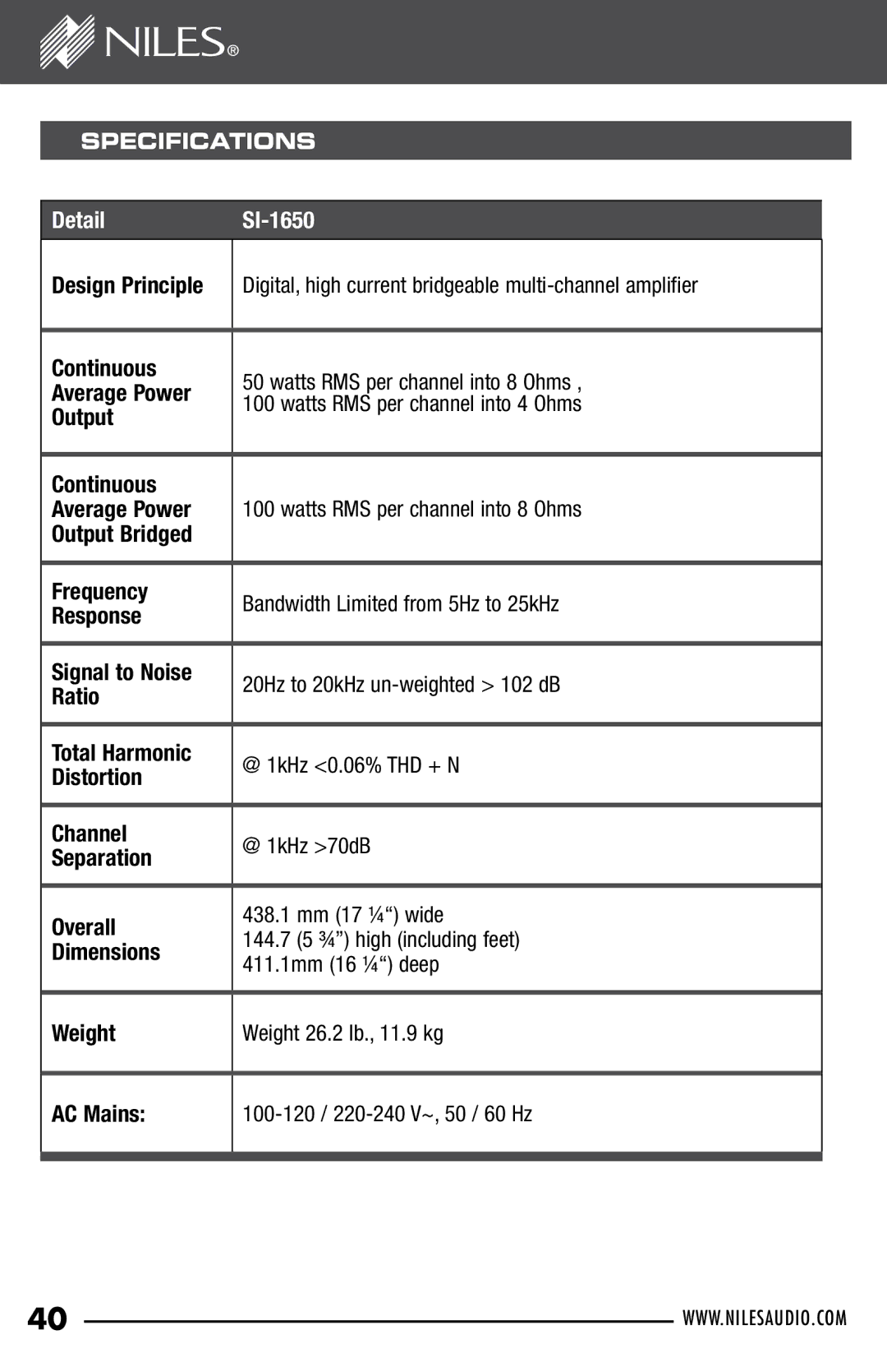 Niles Audio manual DetailSI-1650, Specifications 