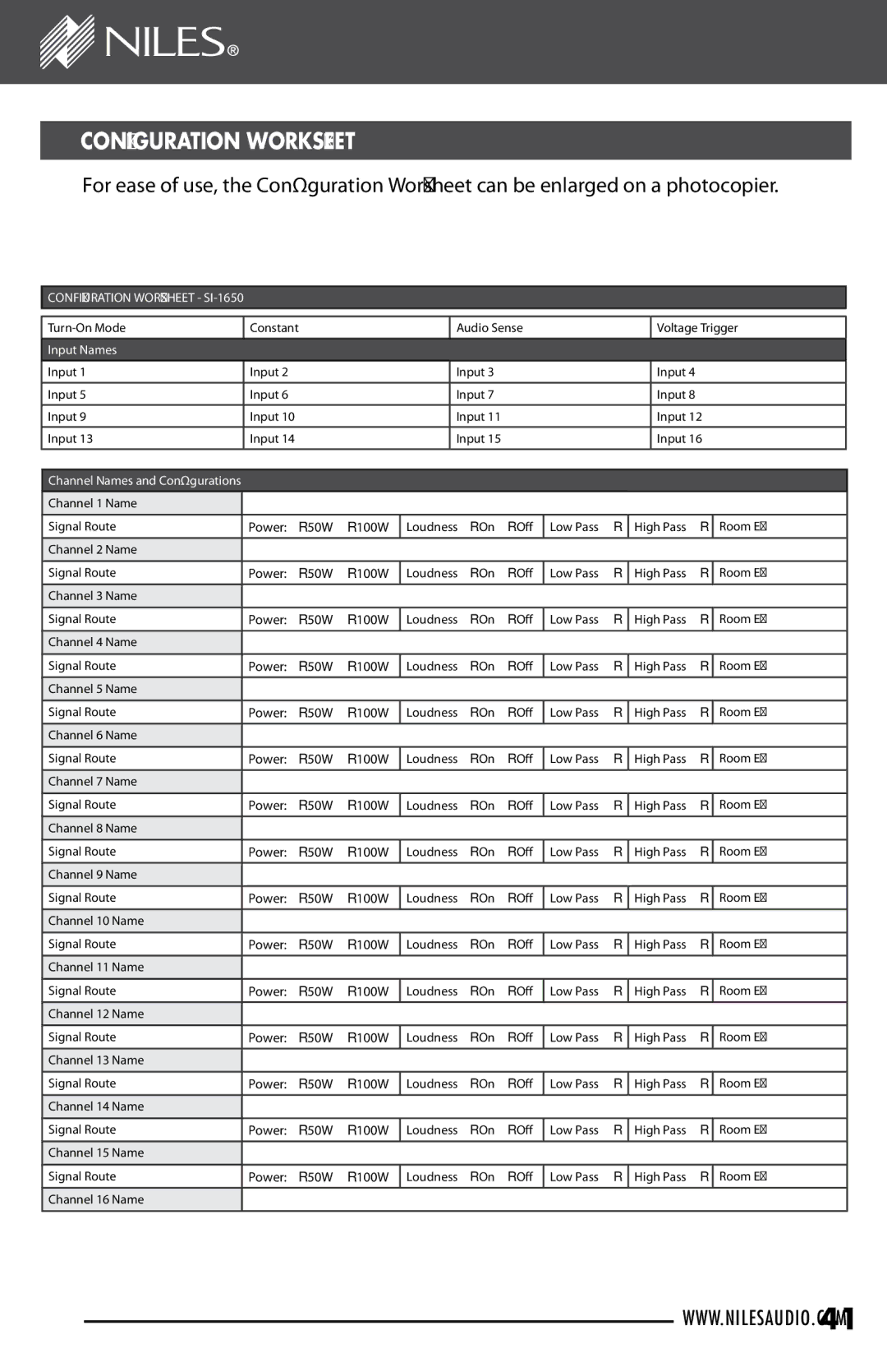 Niles Audio manual Configuration Worksheet SI-1650 