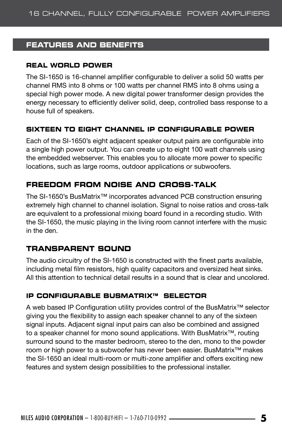 Niles Audio SI-1650 manual Features and Benefits, Freedom from Noise and CROSS-TALK, Transparent Sound 