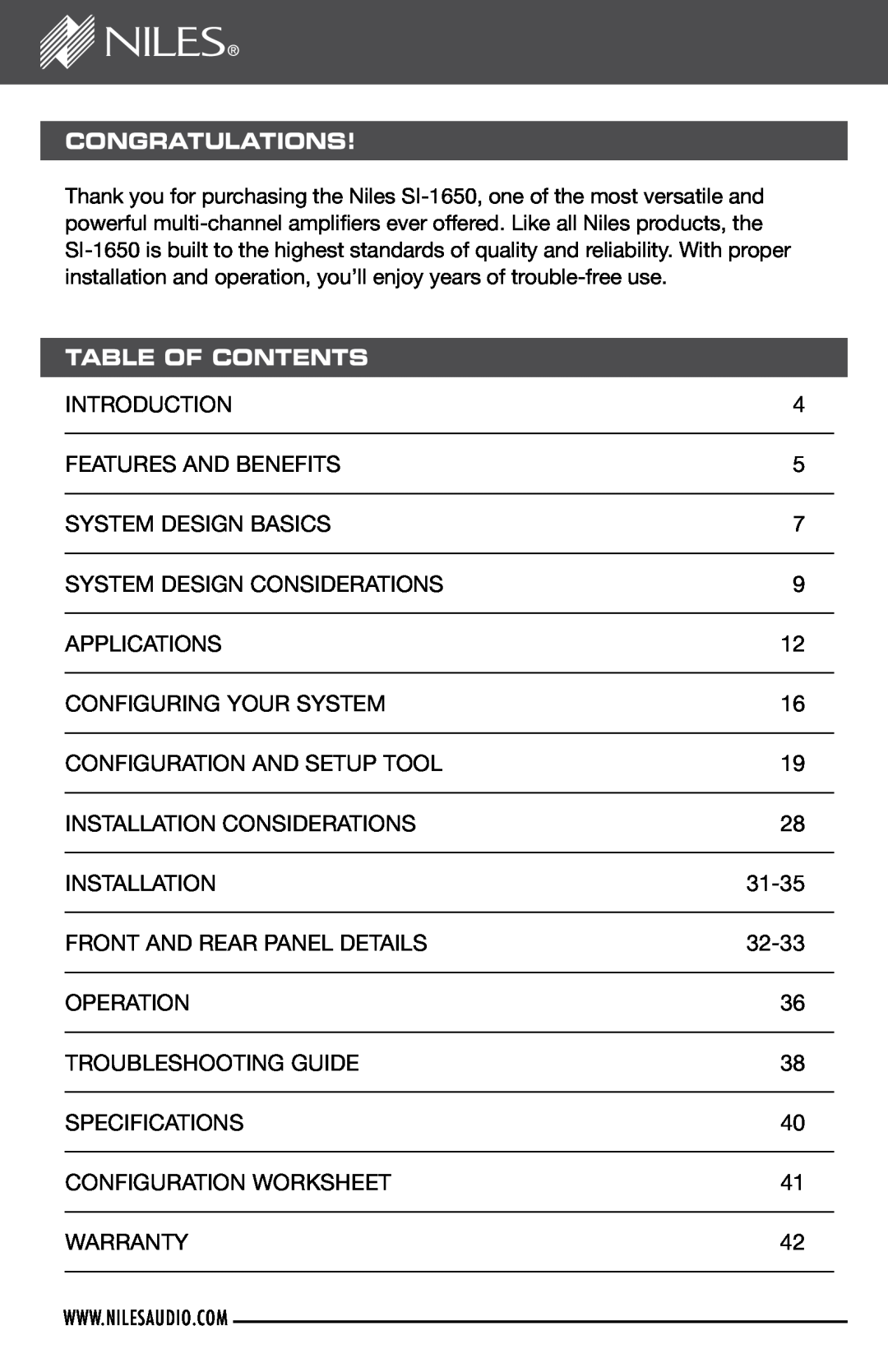 Niles Audio SI-1650 manual Congratulations, Table Of Contents 