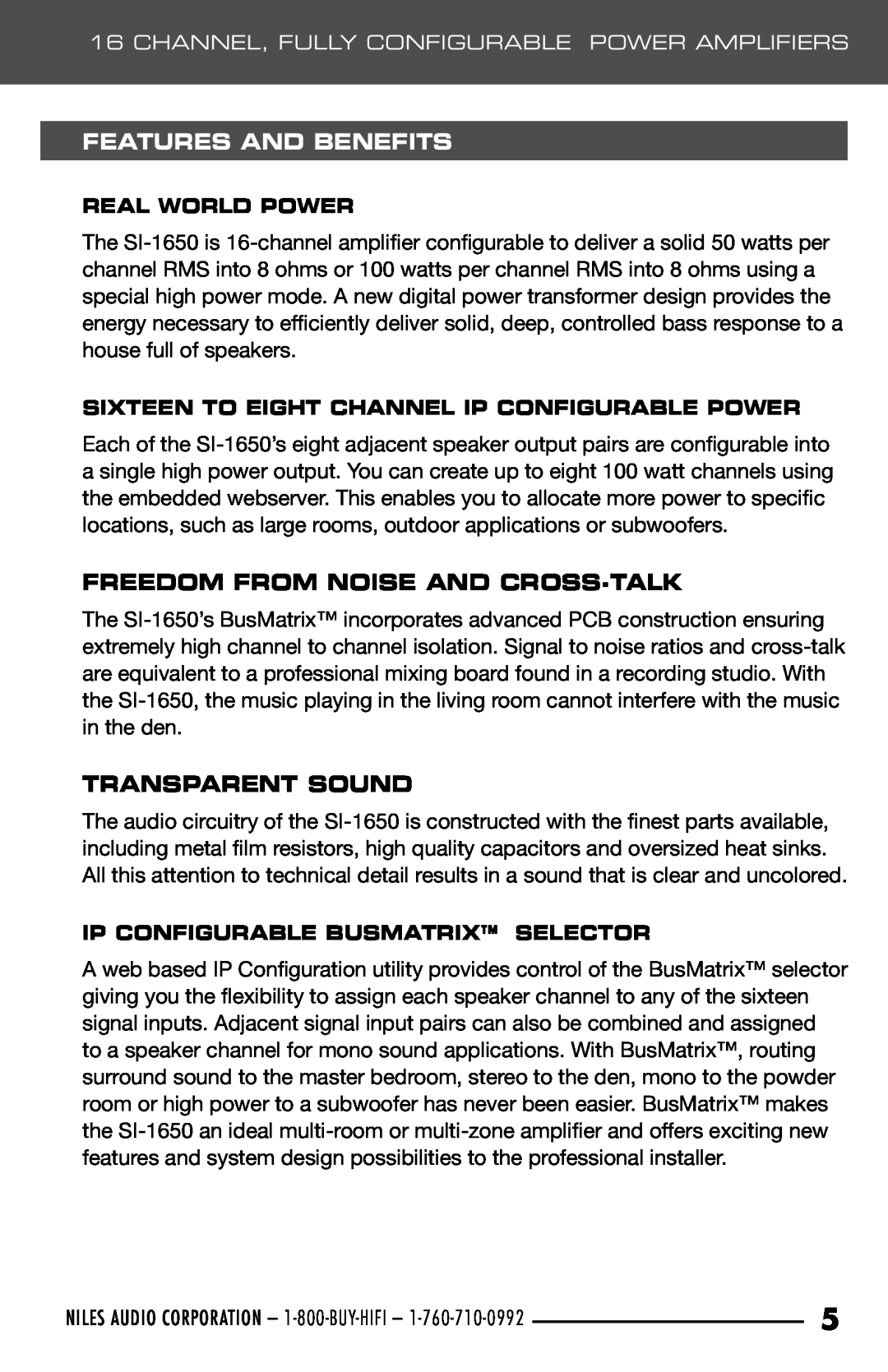 Niles Audio SI-1650 manual Features And Benefits, Freedom From Noise And Cross-Talk, Transparent Sound 