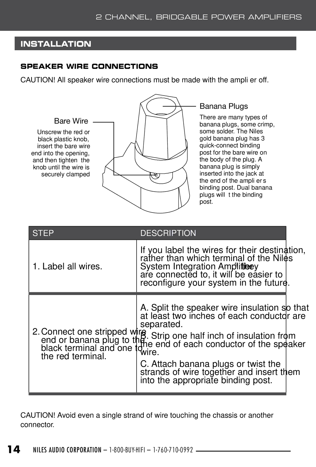 Niles Audio SI-2150, SI-2100, SI-250 manual Bare Wire, Speaker Wire Connections 