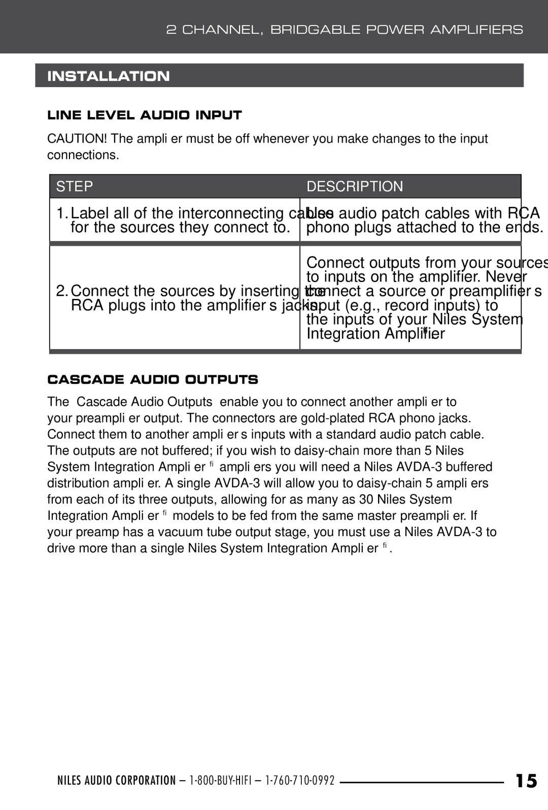 Niles Audio SI-2100, SI-250 Use audio patch cables with RCA, RCA plugs into the amplifier’s jacks, Line Level Audio Input 