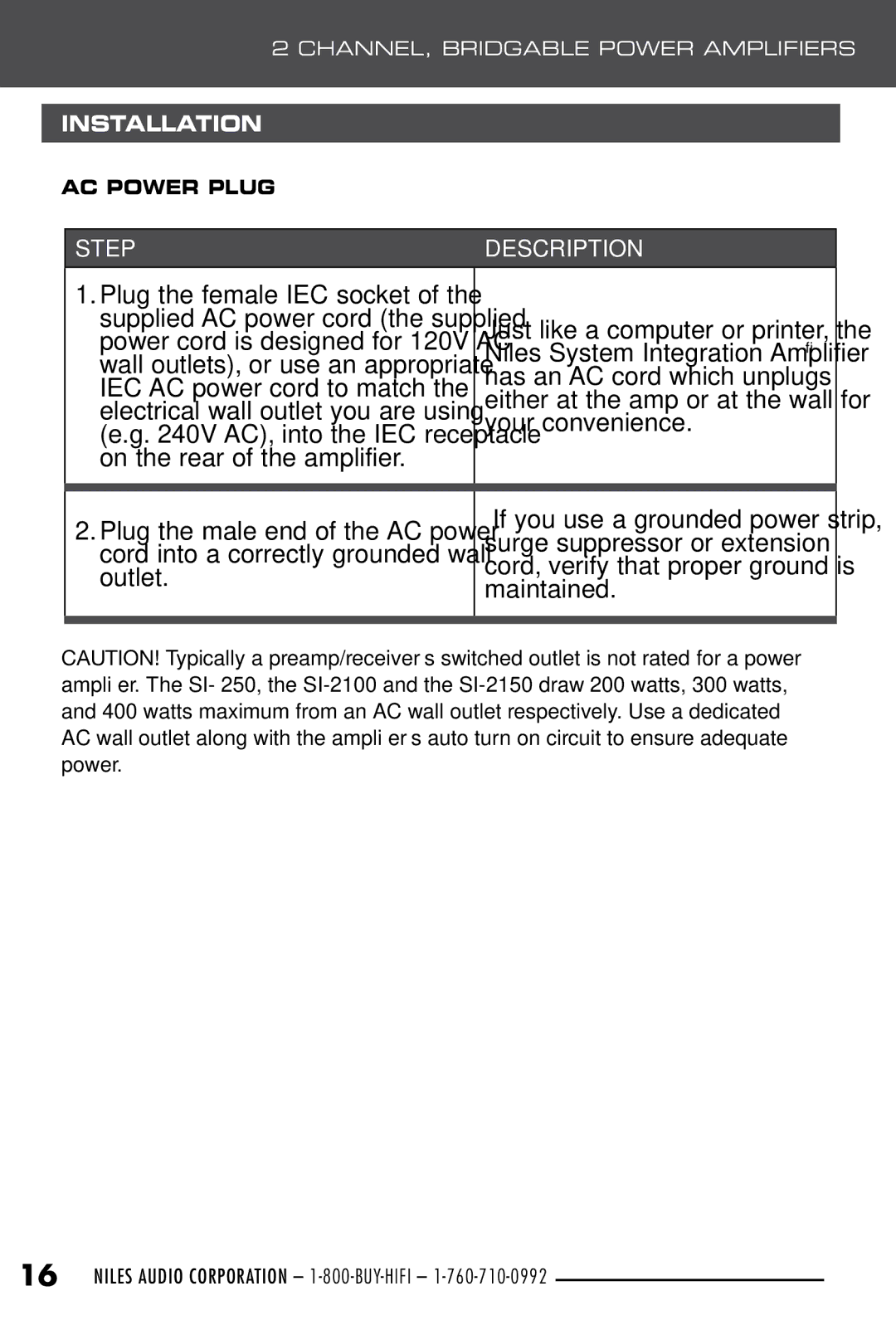 Niles Audio SI-250, SI-2100, SI-2150 manual Plug the male end of the AC power, AC Power Plug 