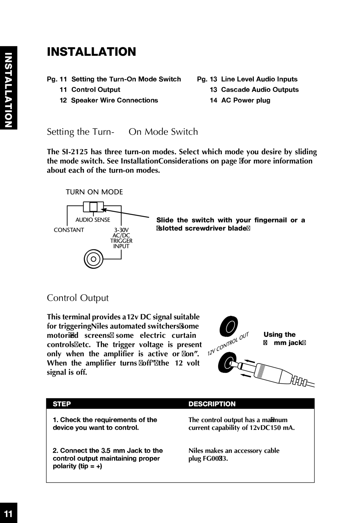 Niles Audio SI-2125 manual Installation, Setting the Turn-On Mode Switch 