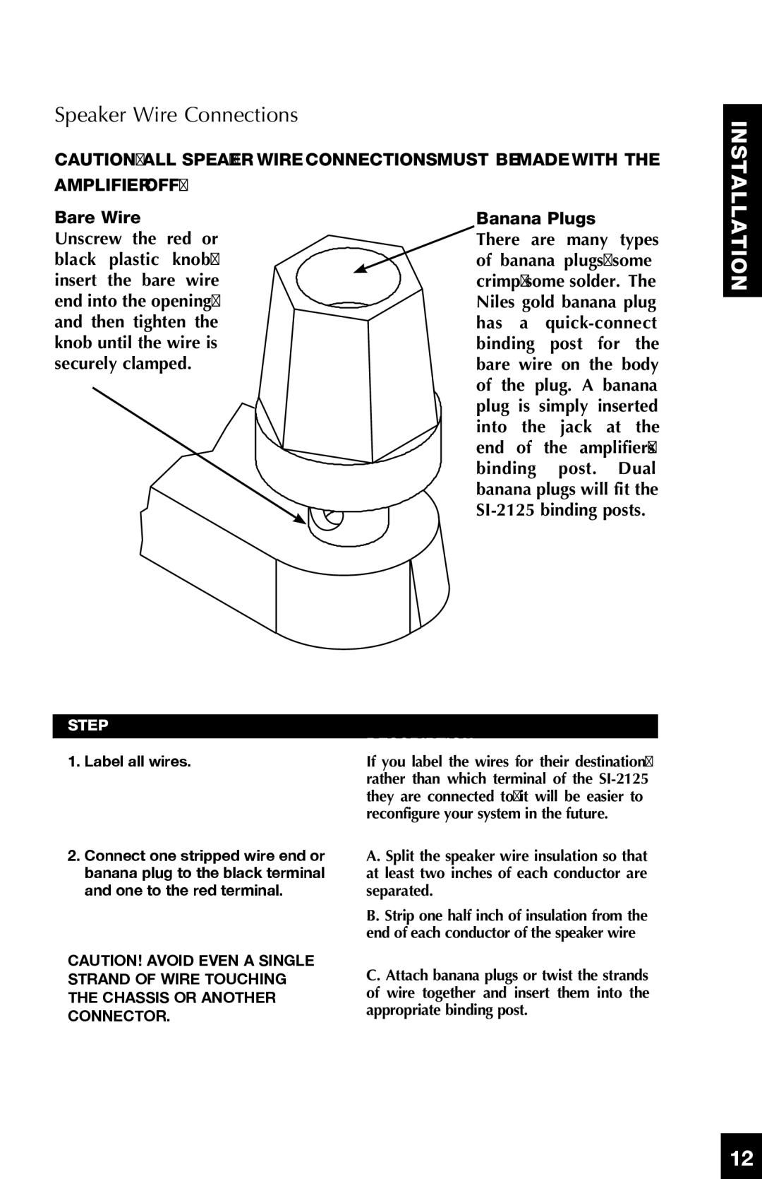Niles Audio SI-2125 manual Speaker Wire Connections, Installation 