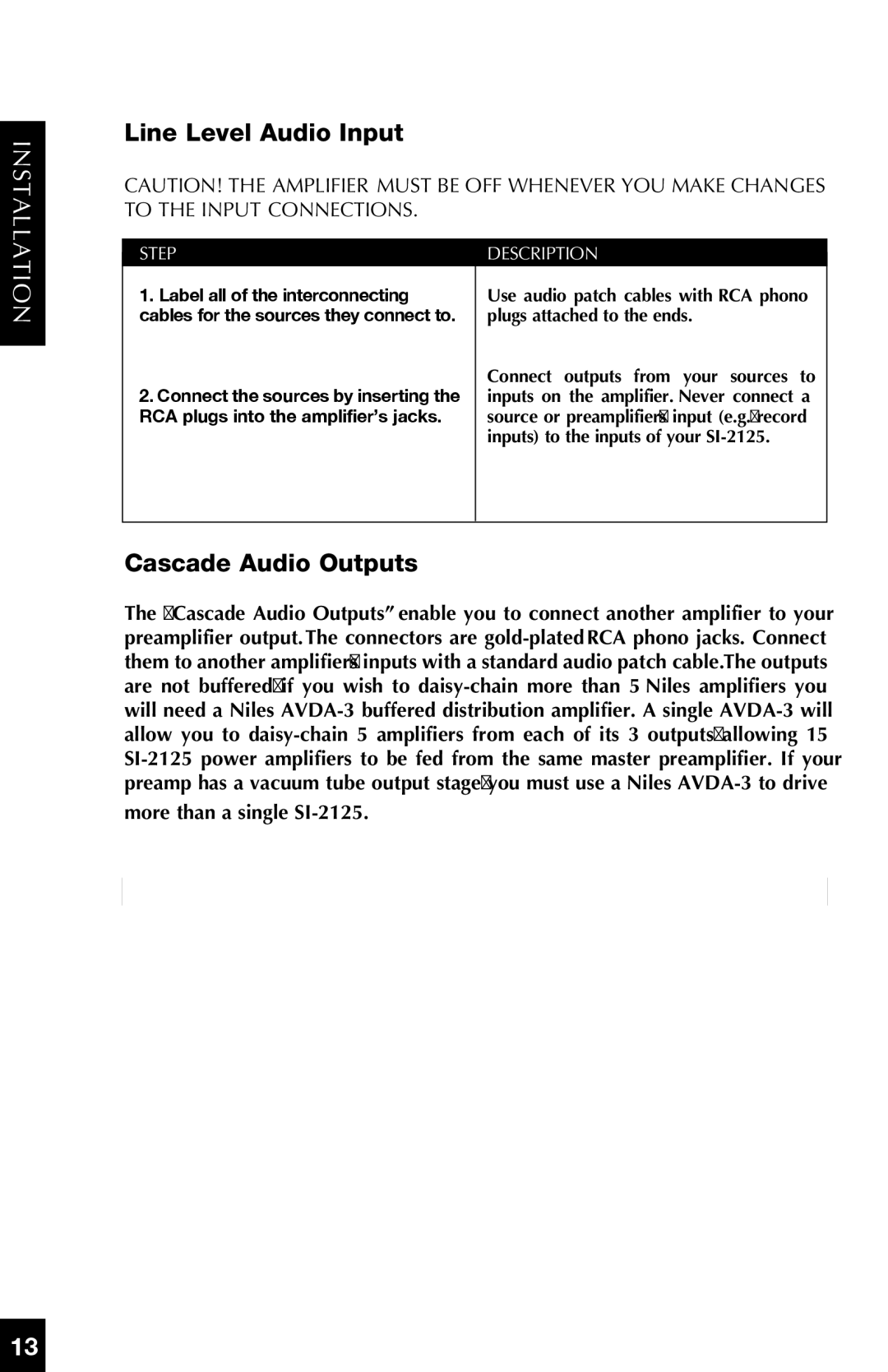 Niles Audio SI-2125 manual Line Level Audio Input, Cascade Audio Outputs 