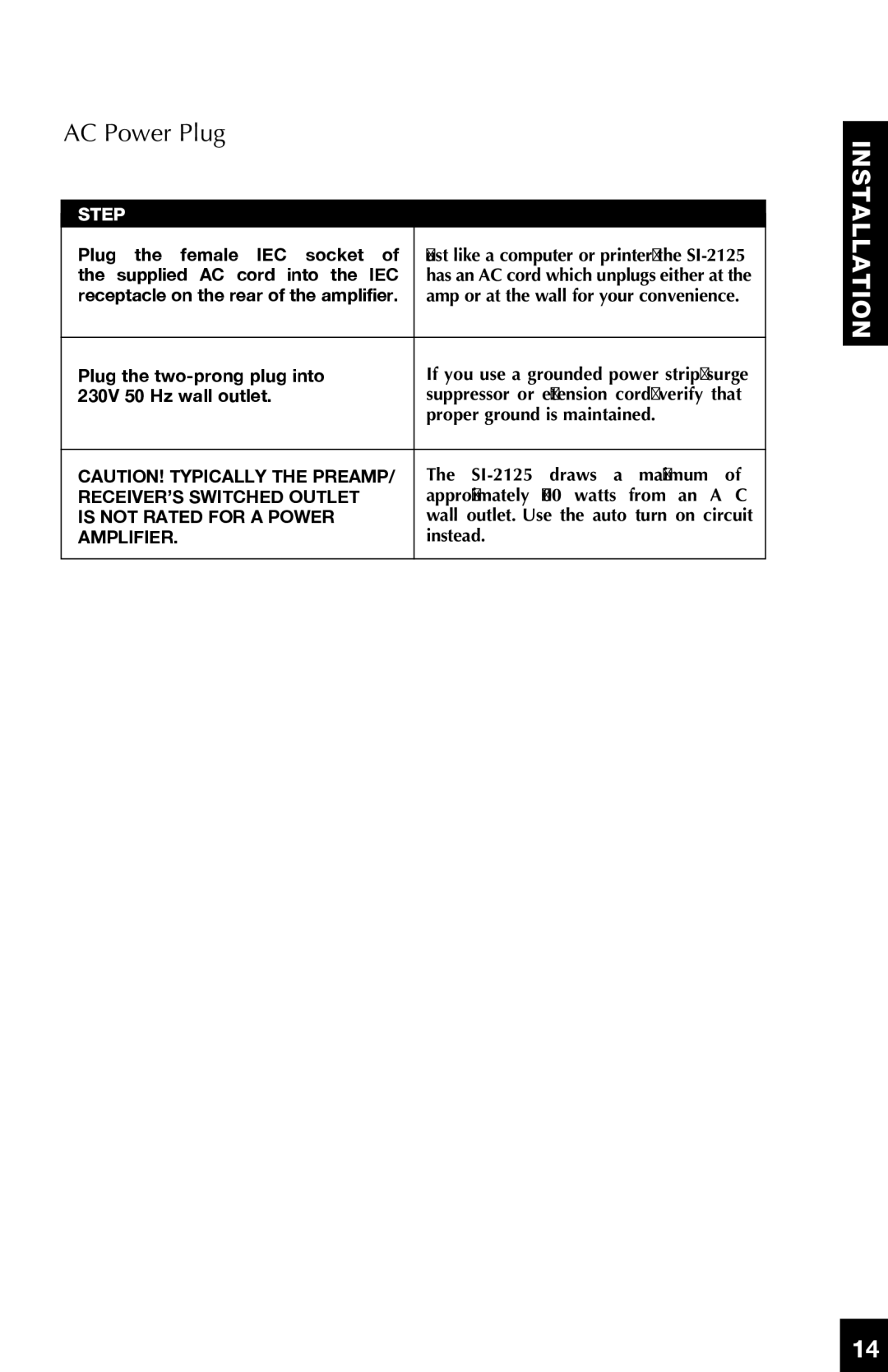 Niles Audio SI-2125 manual AC Power Plug, Supplied AC cord into the IEC 