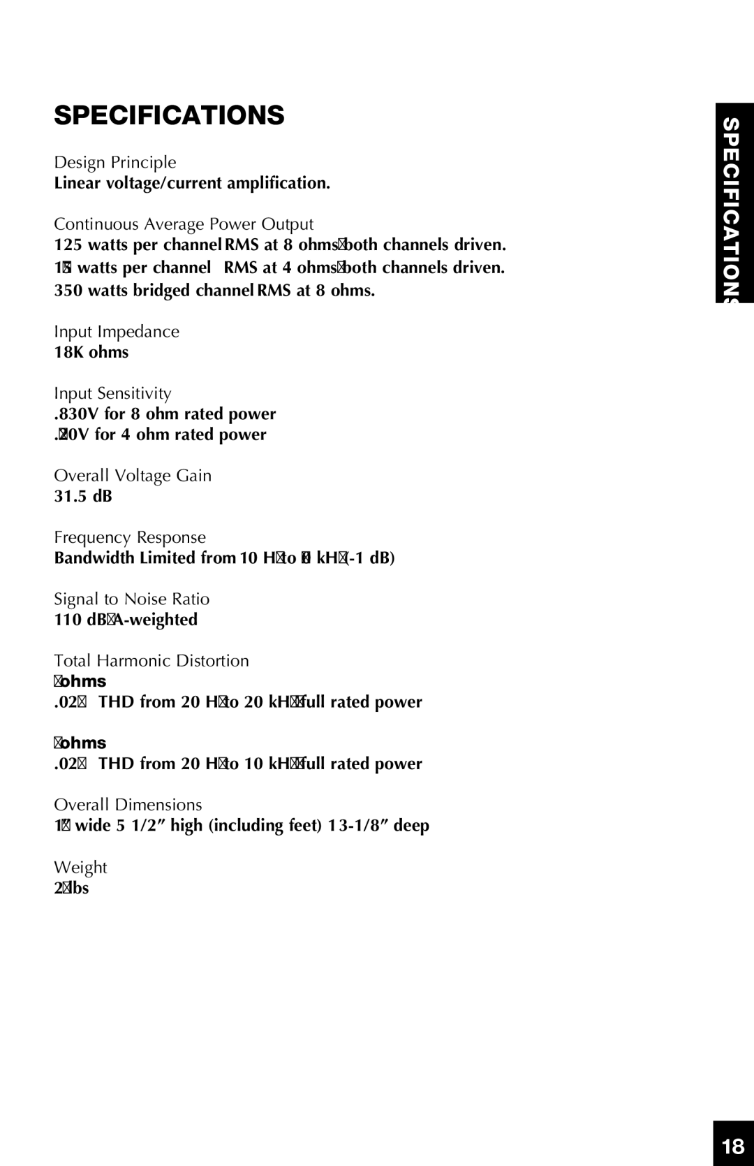 Niles Audio SI-2125 manual Specifications, Continuous Average Power Output 