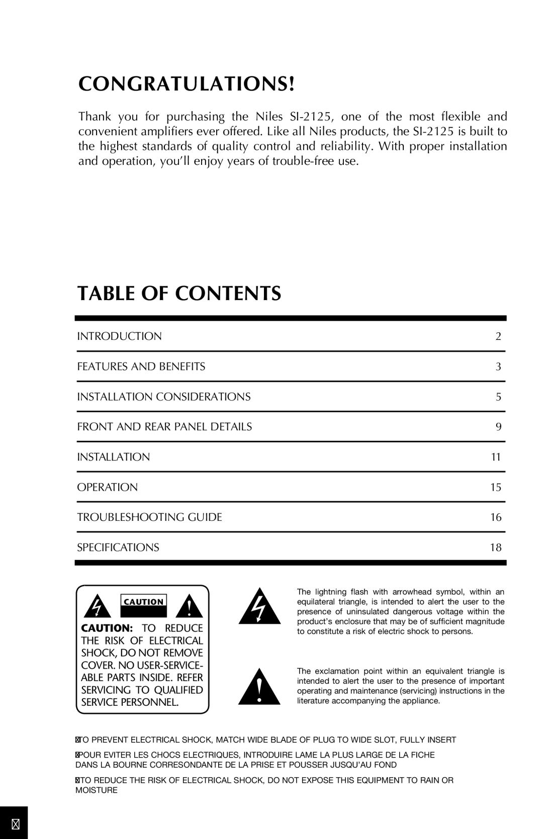 Niles Audio SI-2125 manual Congratulations 