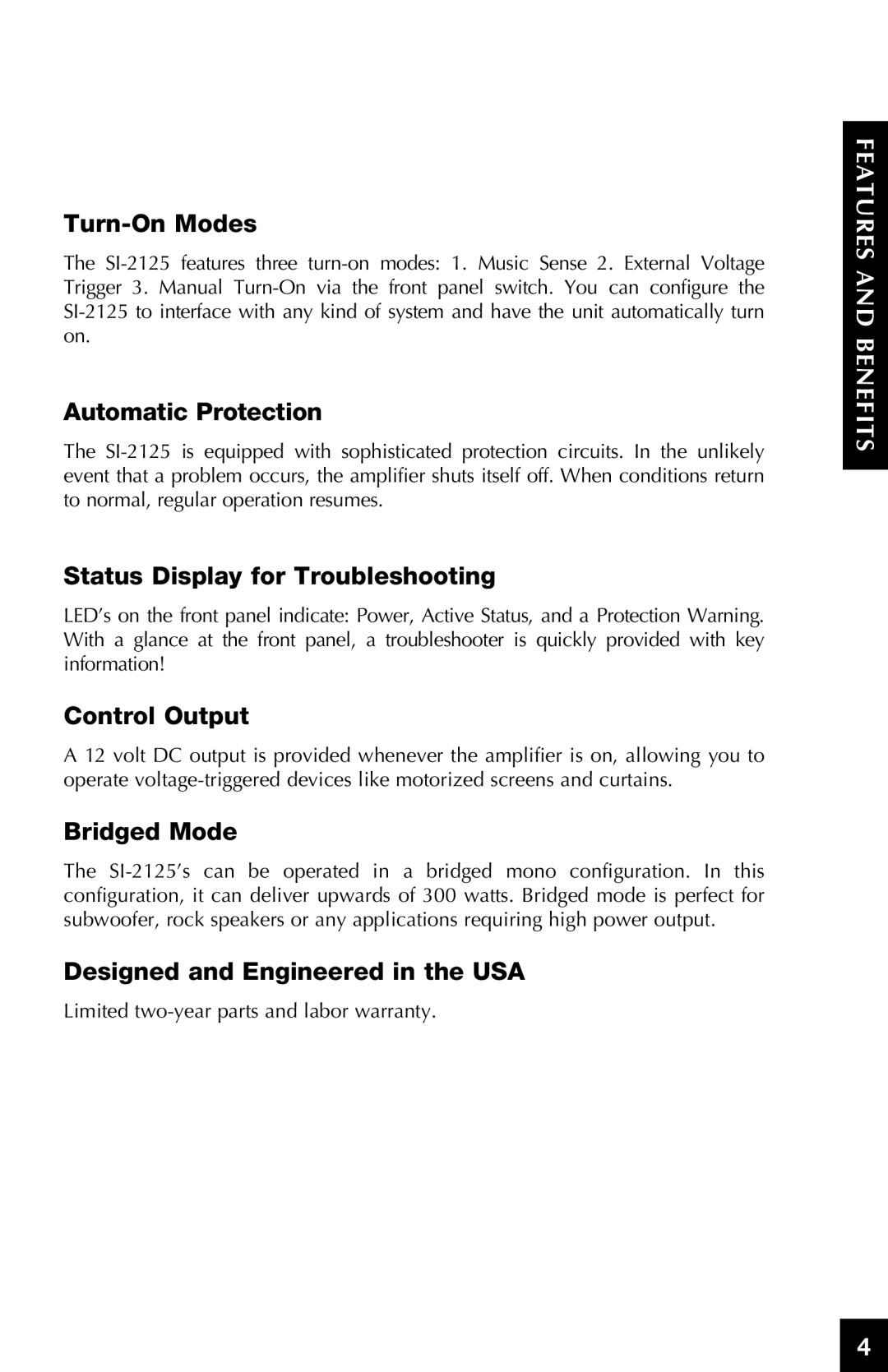 Niles Audio SI-2125 Turn-On Modes, Automatic Protection, Status Display for Troubleshooting, Control Output, Bridged Mode 