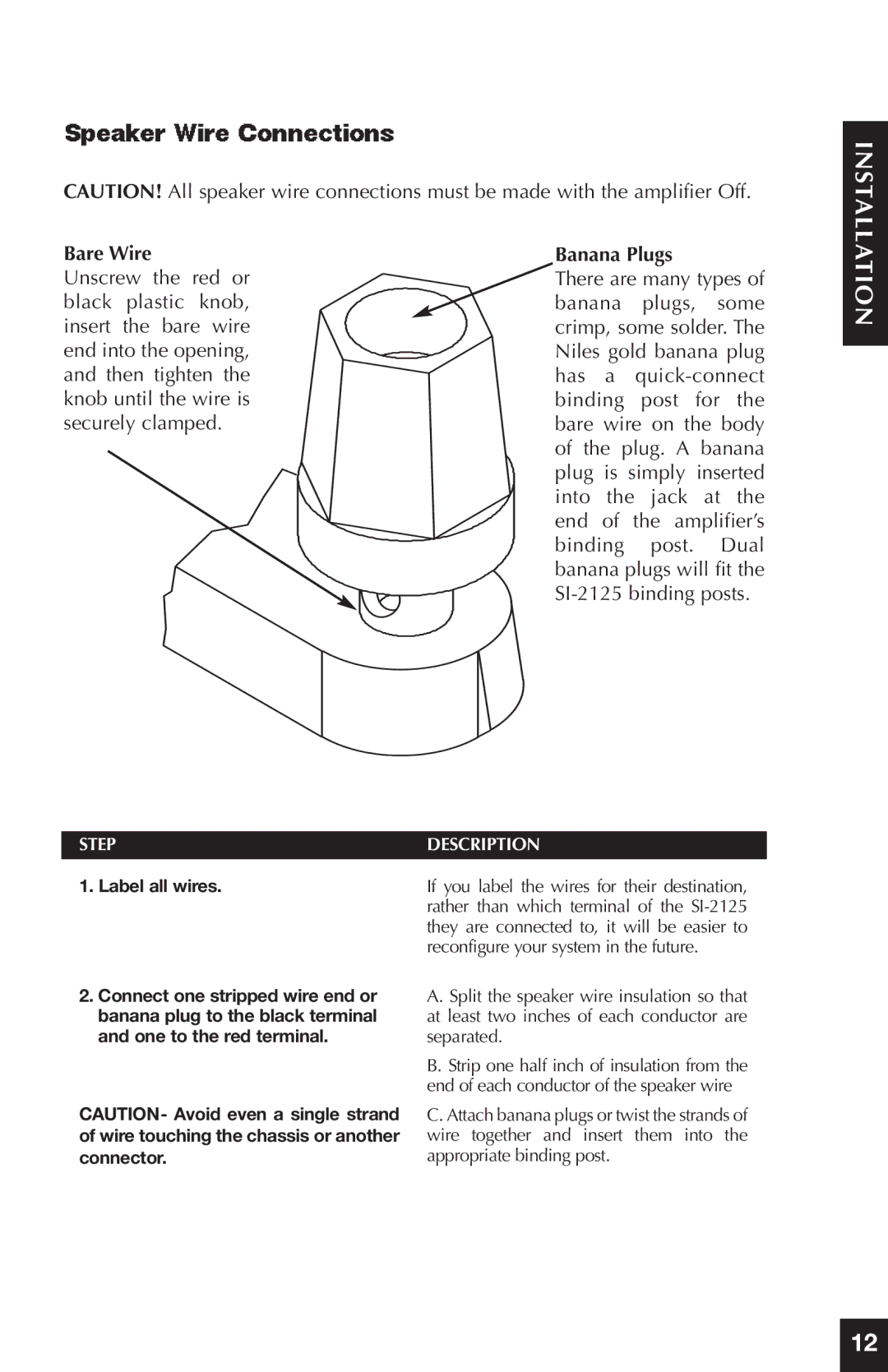 Niles Audio SI-2125 manual Bare Wire 