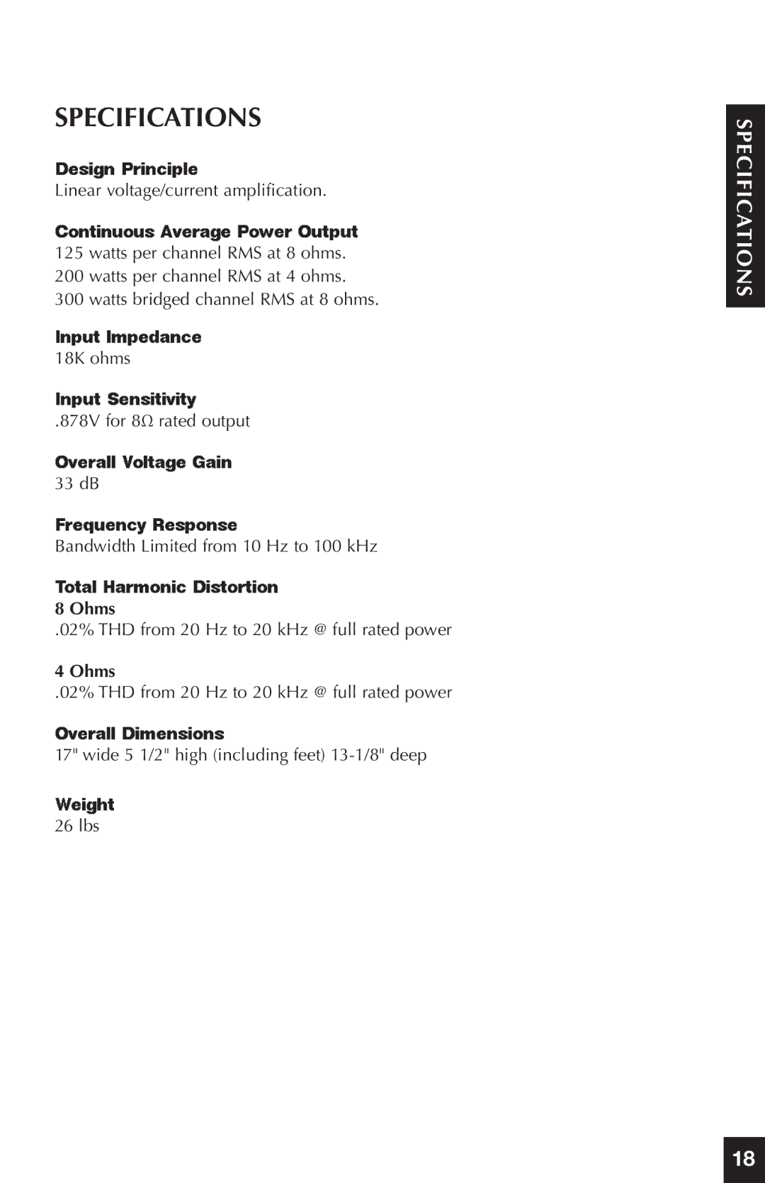 Niles Audio SI-2125 manual Specifications 