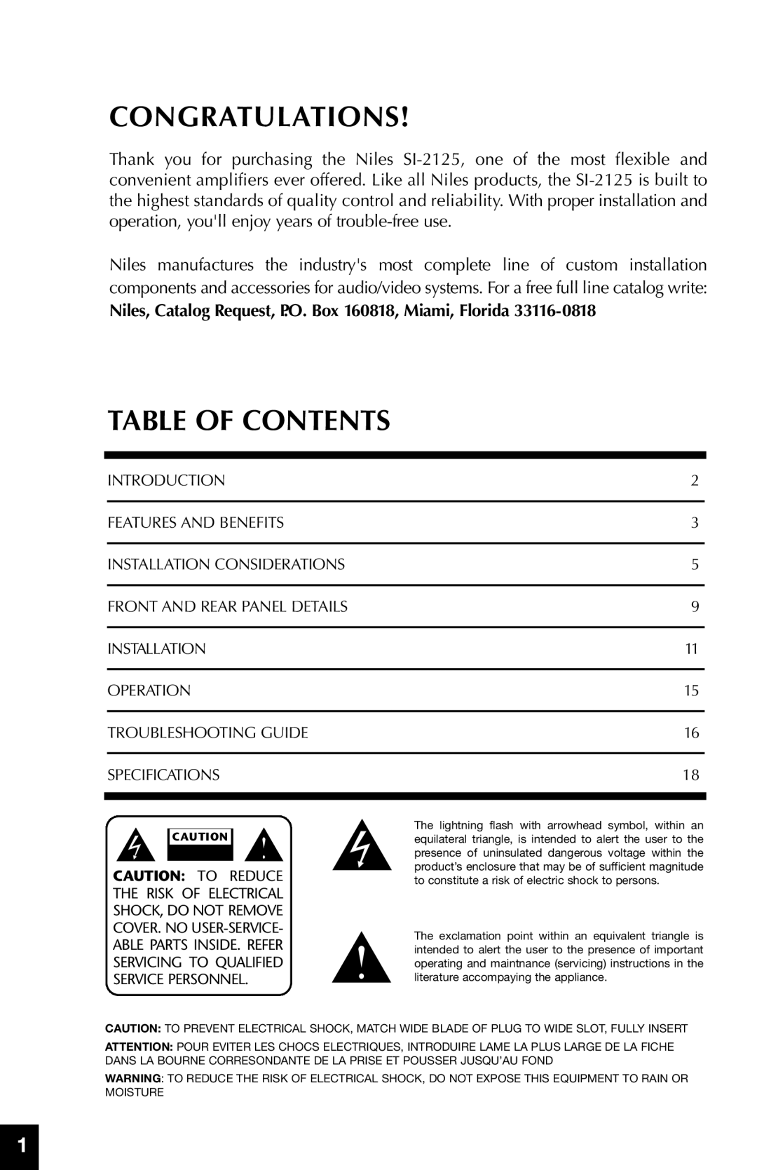 Niles Audio SI-2125 manual Congratulations 