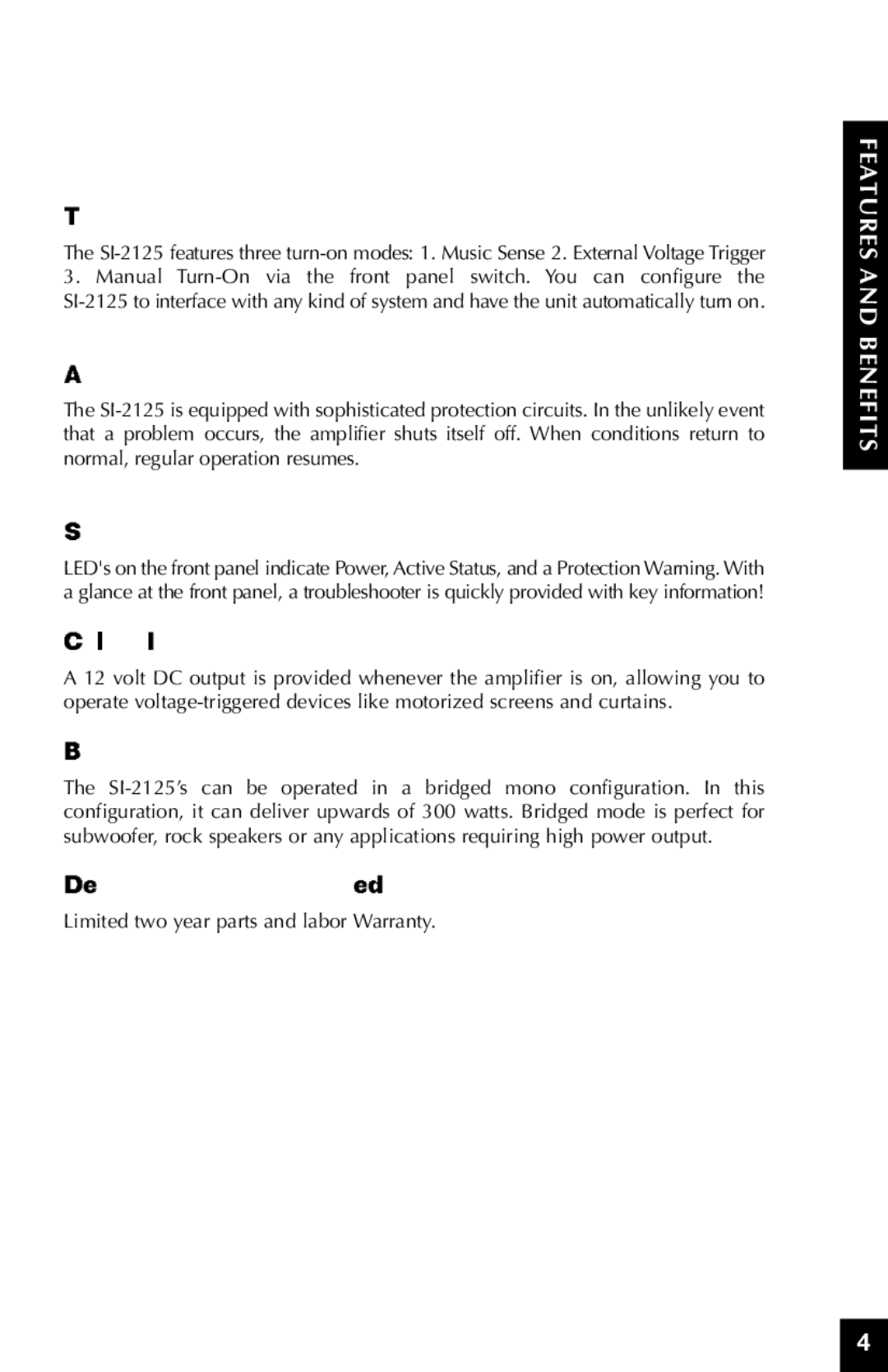 Niles Audio SI-2125 manual Features and Benefits 