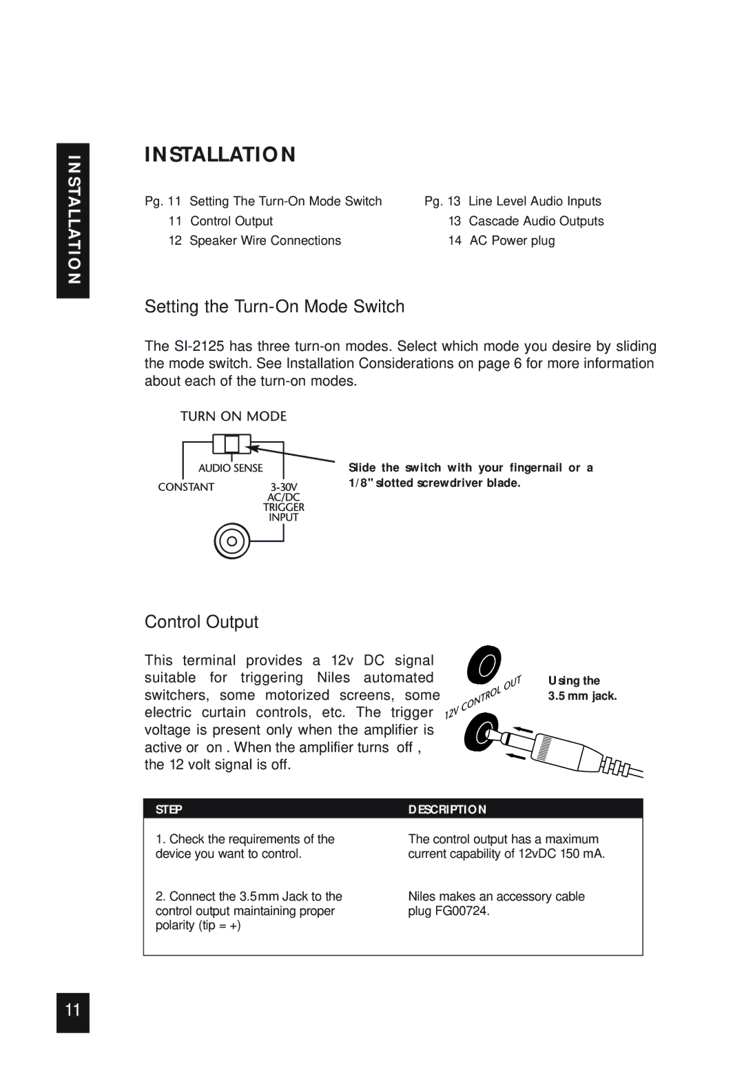 Niles Audio SI-2125 specifications Installation, Setting the Turn-On Mode Switch 