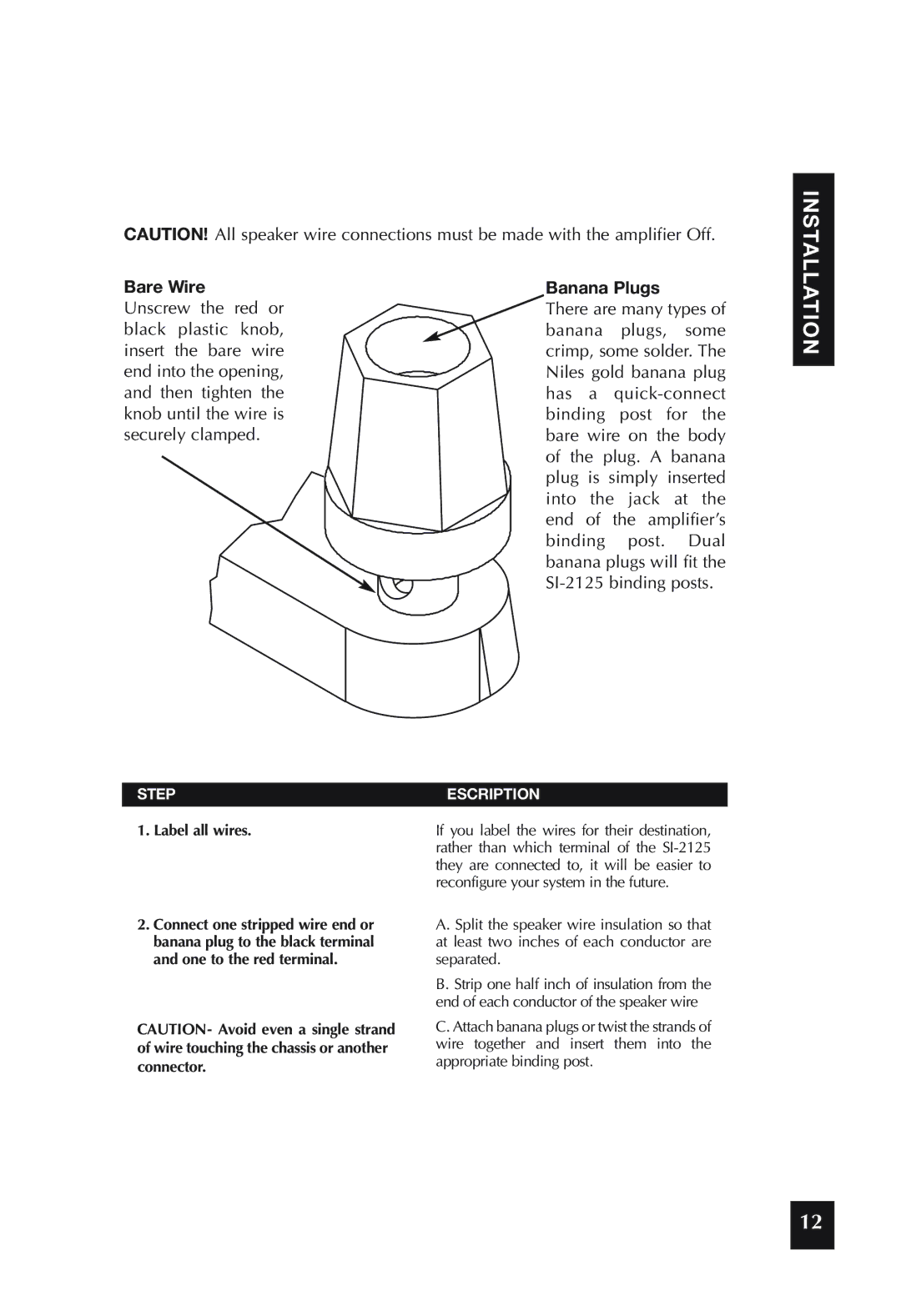 Niles Audio SI-2125 specifications Speaker Wire Connections, Bare Wire 