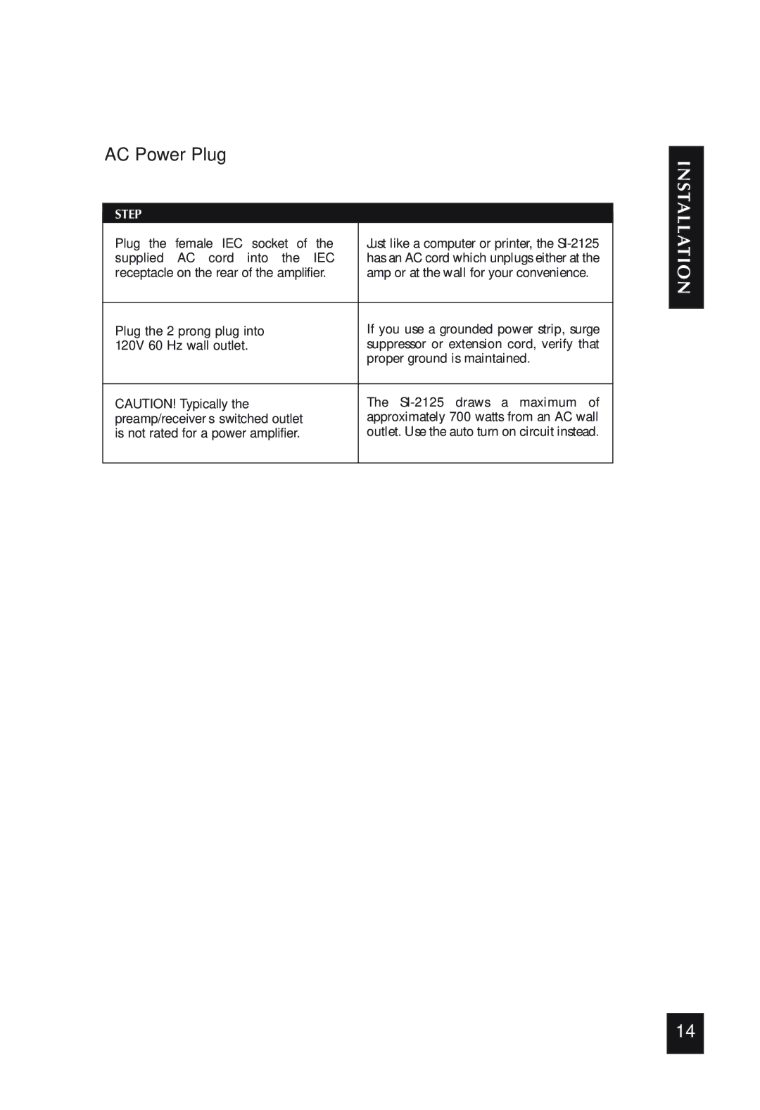 Niles Audio SI-2125 specifications AC Power Plug, Supplied AC cord into the IEC 