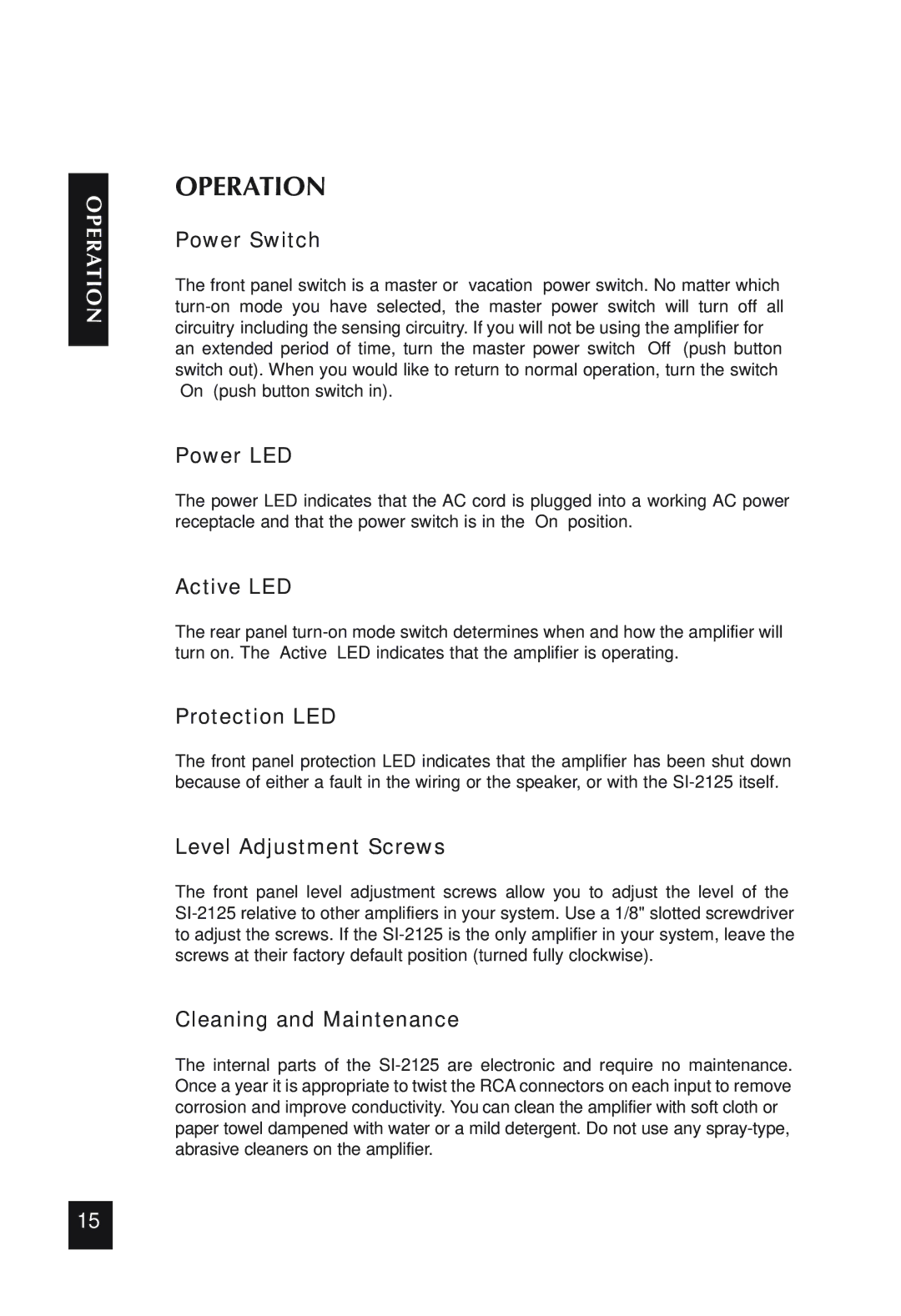 Niles Audio SI-2125 specifications Operation 