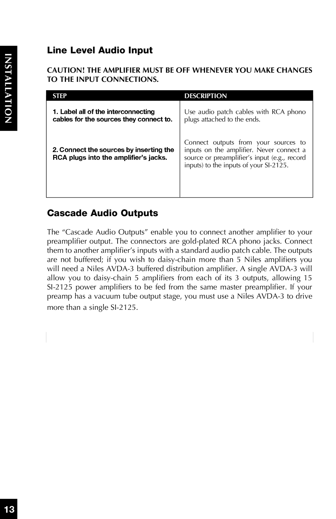 Niles Audio SI-2125 manual Line Level Audio Input, Cascade Audio Outputs, Installation, Step, Description 